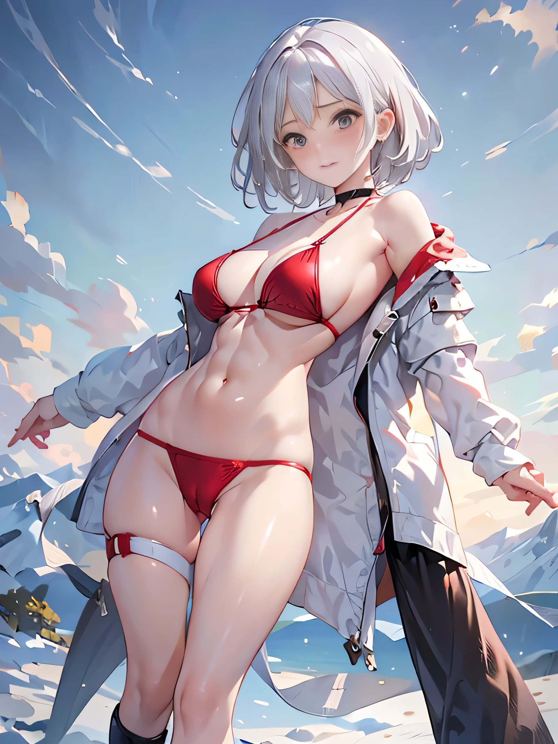 (photorealistic:1.5, highest quality,masterpiece,High resolution,muste piece),snow mountainに立つ1人の23歳の女性,(Red string bikini swimsuit:1.5,sunglasses:1.5,Down jacket:1.3,choker,boots), beautiful skin, (looking at the camera:1.2),(Photo seen from the front bottom:1.3),(Short Hair:1.2,bright platinum hair:1.5), expression( Gleeful:1.3,blushing:1.3),Pause( standing, legs, stretch legs,Seductive pose:1.5),background(snow mountain:1.5,Forest),(slender, abs:1.2), (Underwear visible through clothing),(Butt visible through clothes),(detailed perfect face),normal hands:1.5,normal finger:1:5,normal feet:1.5,(cameltoe)