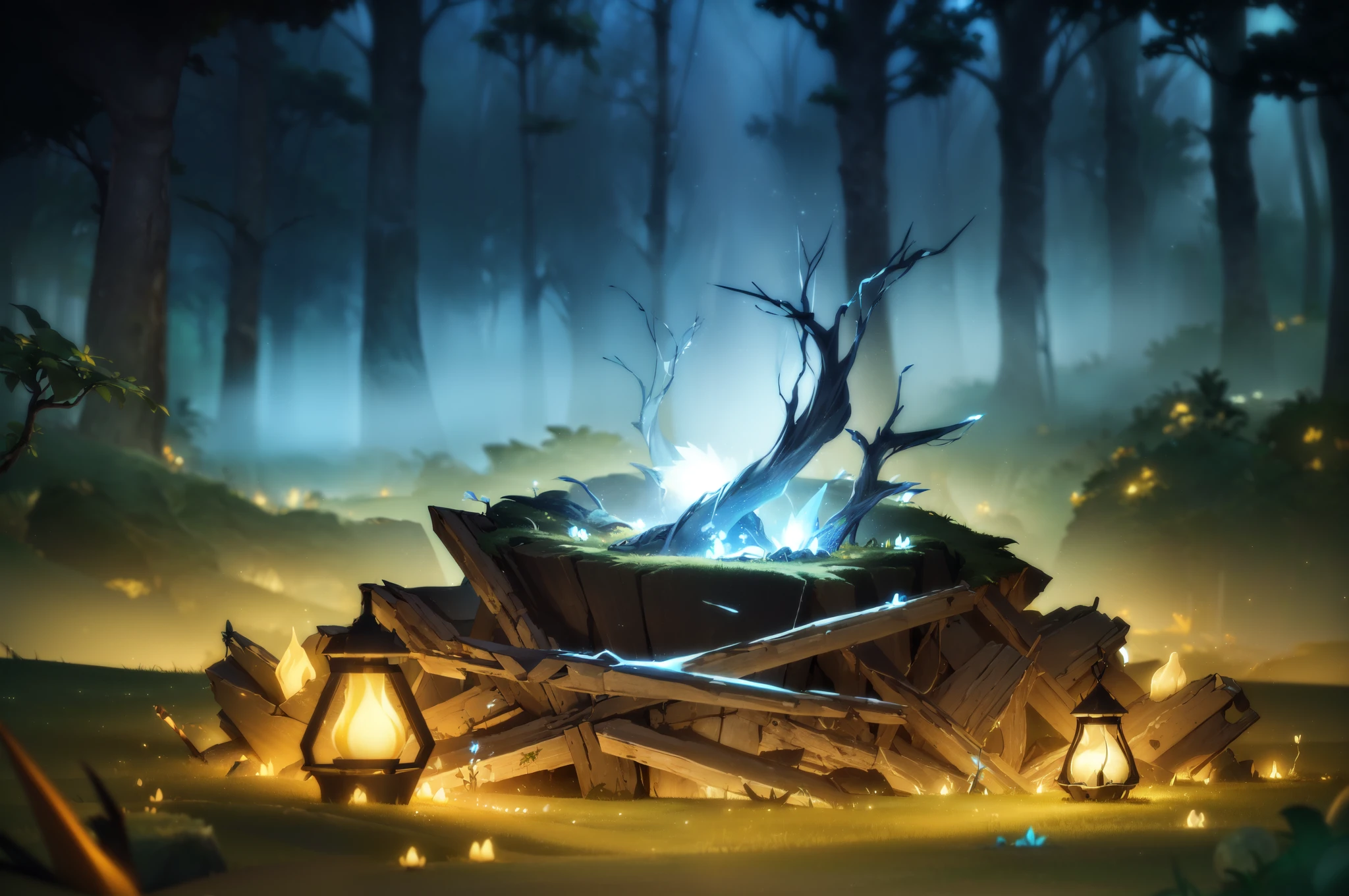 Ori and the Will of the Wisps,
(by Darkgem, by Silverfox5213, by Jiandou, by Foxovh),
(dark forest with campfire, starry, night, glowing plant, fog, mist :1.25), (blue lighting, yellow lighting),
(masterpiece, best quality, ultra realistic, 4k, 2k, (high detail:1.3), film photography,
(3d \(artwork\):1.2), (sharp focus:1.3), (unreal engine:1.3),
RAW photo, photorealistic, analog style, subsurface scattering, photorealism, absurd res)