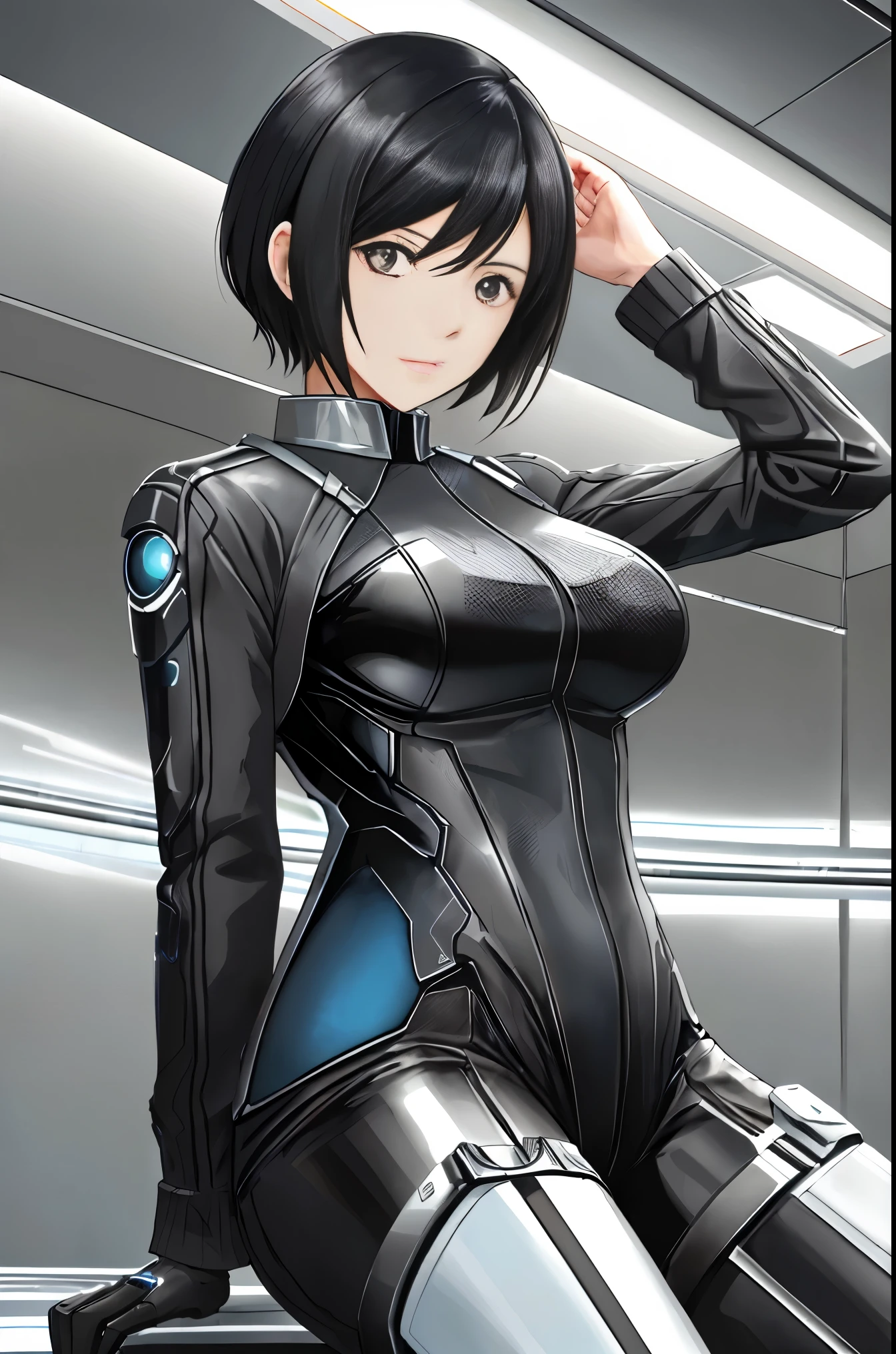 (estilo anime Loundraw:1.5)0.9], (Wit Studio soft studio lighting:1.4), uma garota com clareza, olhos azuis, wearing a robotic (technological) uniforme de estilo, num contexto de (CG 8k extremamente detalhado) , de um lugar amplo, of a cyberpunk electronic futuristic city, his hair is short black with bangs on the side. 