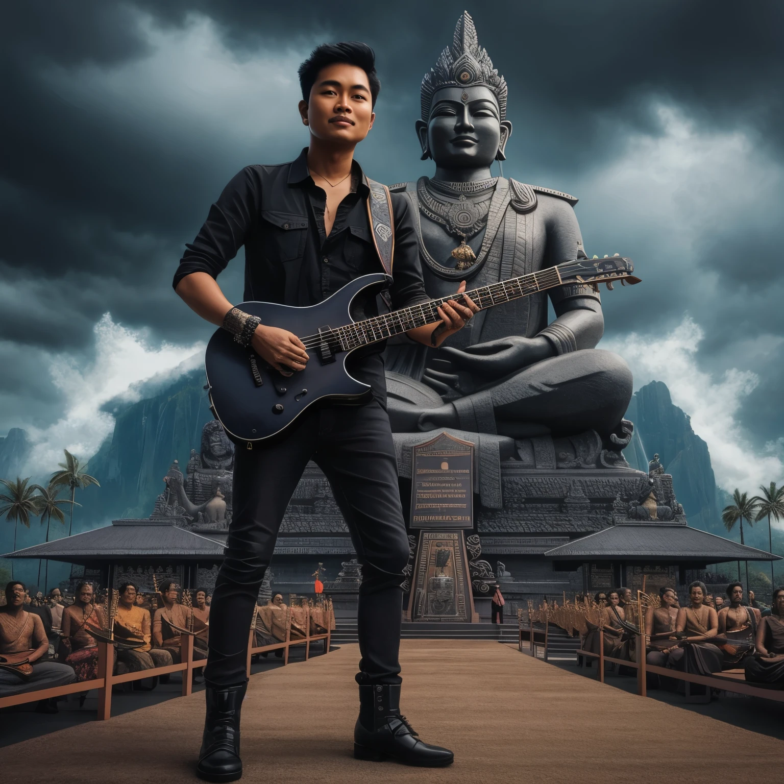 there is a man standing next to a statue with a guitar, inspired by Rudy Siswanto, tithi luadthong, album art, inspired by Thota Vaikuntham, nivanh chanthara, by Rudy Siswanto, the god of music, he is a rockstar, rick dai, movie promotional image, album, fanart, awesome composition