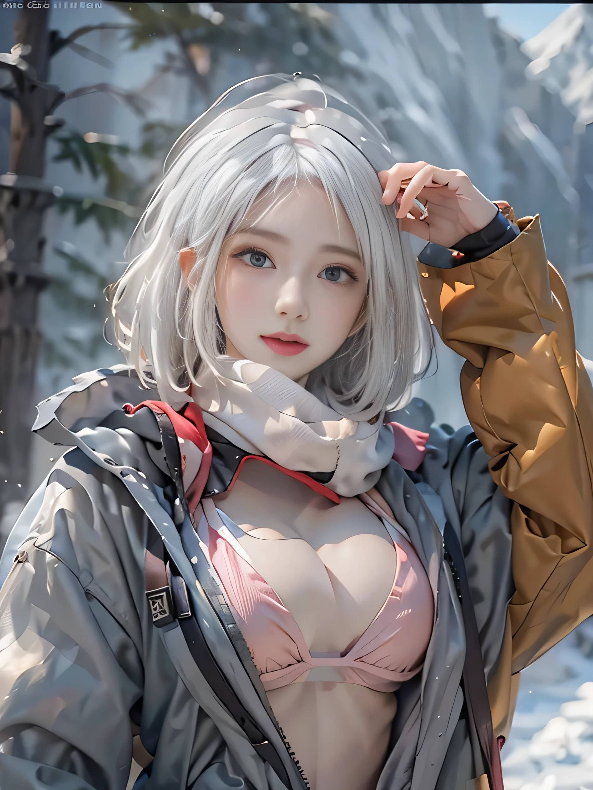 (photorealistic:1.5, highest quality,masterpiece,High resolution,muste piece),snow mountainに立つ1人の23歳の女性,(Red string bikini swimsuit:1.5,sunglasses:1.5,Down jacket:1.3,Choka), beautiful skin, (looking at the camera:1.2),(Photo seen from the front bottom:1.3),(Short Hair:1.2,bright platinum hair:1.5), expression( Gleeful:1.3,blushing:1.3),Pause( standing, Seductive pose:1.5),background(snow mountain:1.5,Forest),(slender, abs:1.2), (Underwear visible through clothing),(Butt visible through clothes),(detailed perfect face),normal hands:1.5,normal finger:1:5,normal feet:1.5,(cameltoe)