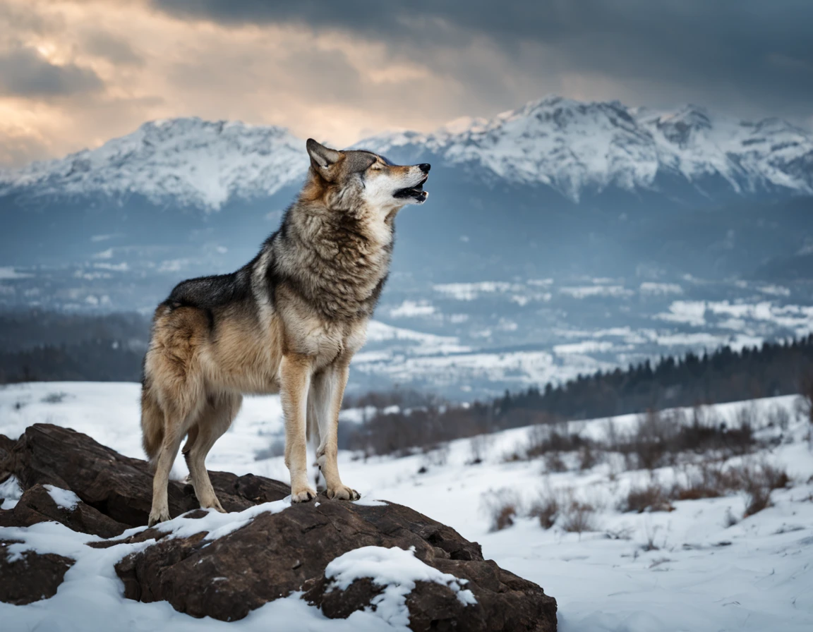 One wolf, on a jutting rock, howling at the sky, winter landscape.
