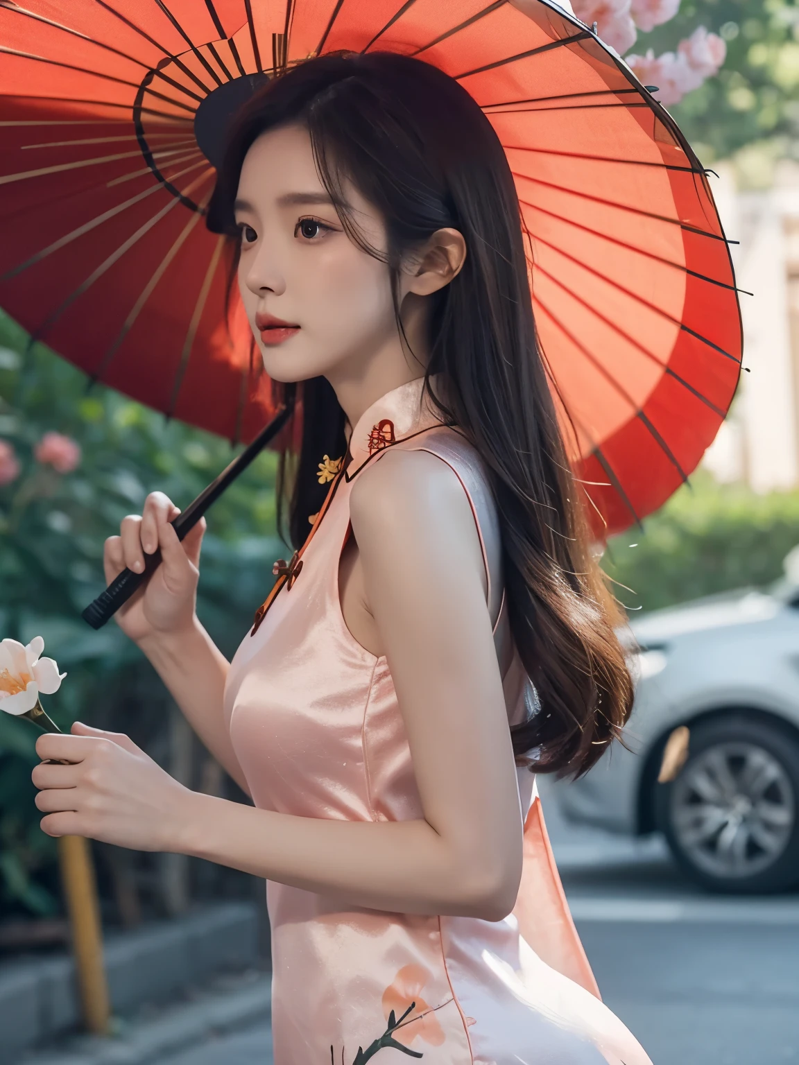 (big breasts), E cup size, tight hips, thin waist. Yoona, realistic, real person, long hair, 8k, cute, wearing a black ((hollow low-cut cheongsam)), holding a Chinese umbrella, emphasizes expressions, clothing details, body proportions, animal furs, the characters should not be too small, and the facial features should be clear, half-length shot. side view:1.5, ((peach Flowers))