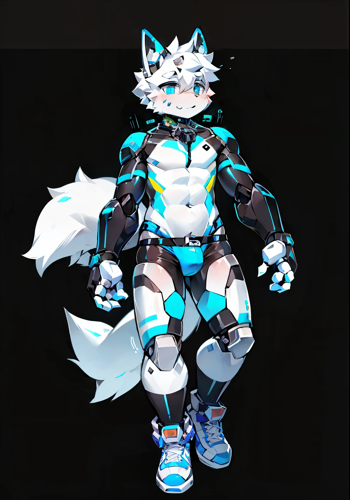 full body,Synthetic Shota the white fox wearing only bulge,((chastity cage)),robot,Synthetics,Synthetic sneakers,Robot joints,mecha head,mecha ear