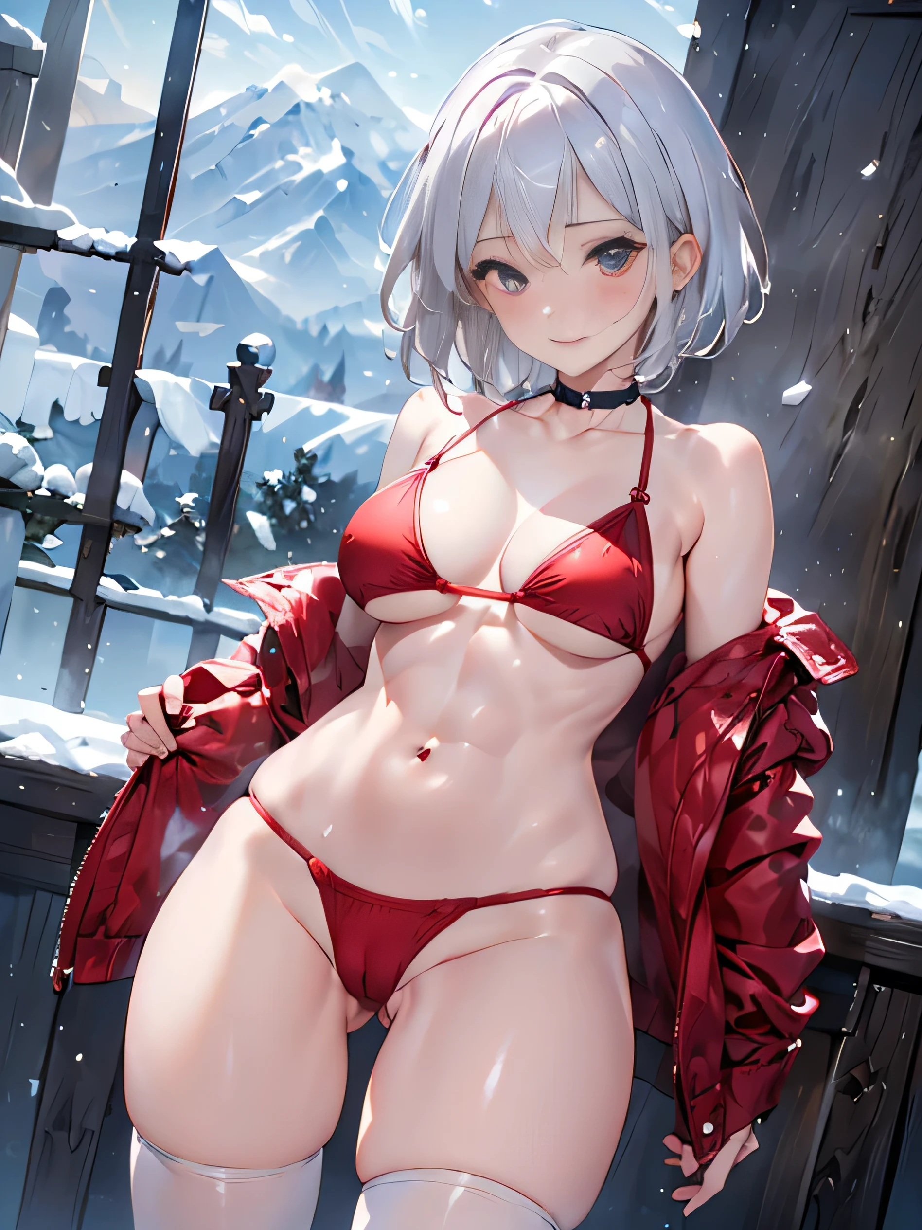 (photorealistic:1.5, highest quality,masterpiece,High resolution,muste piece),(sony a7, 35mm lens, f1.8, film gain),snow mountainに立つ1人の23歳の女性,(Red string bikini swimsuit:1.5,Down jacket:1.3,choker), beautiful skin, (looking at the camera:1.2),(Photo seen from the front bottom:1.3,cowboy shot),(Short Hair:1.2,bright platinum hair:1.5), expression( Gleeful:1.3,blushing:1.3),Pause( standing, Seductive pose:1.5),background(snow mountain:1.5,Forest),(slender, abs:1.2), (Underwear visible through clothing),(Butt visible through clothes),(detailed perfect face),normal hands:1.5,normal finger:1:5,normal feet:1.5,(cameltoe)