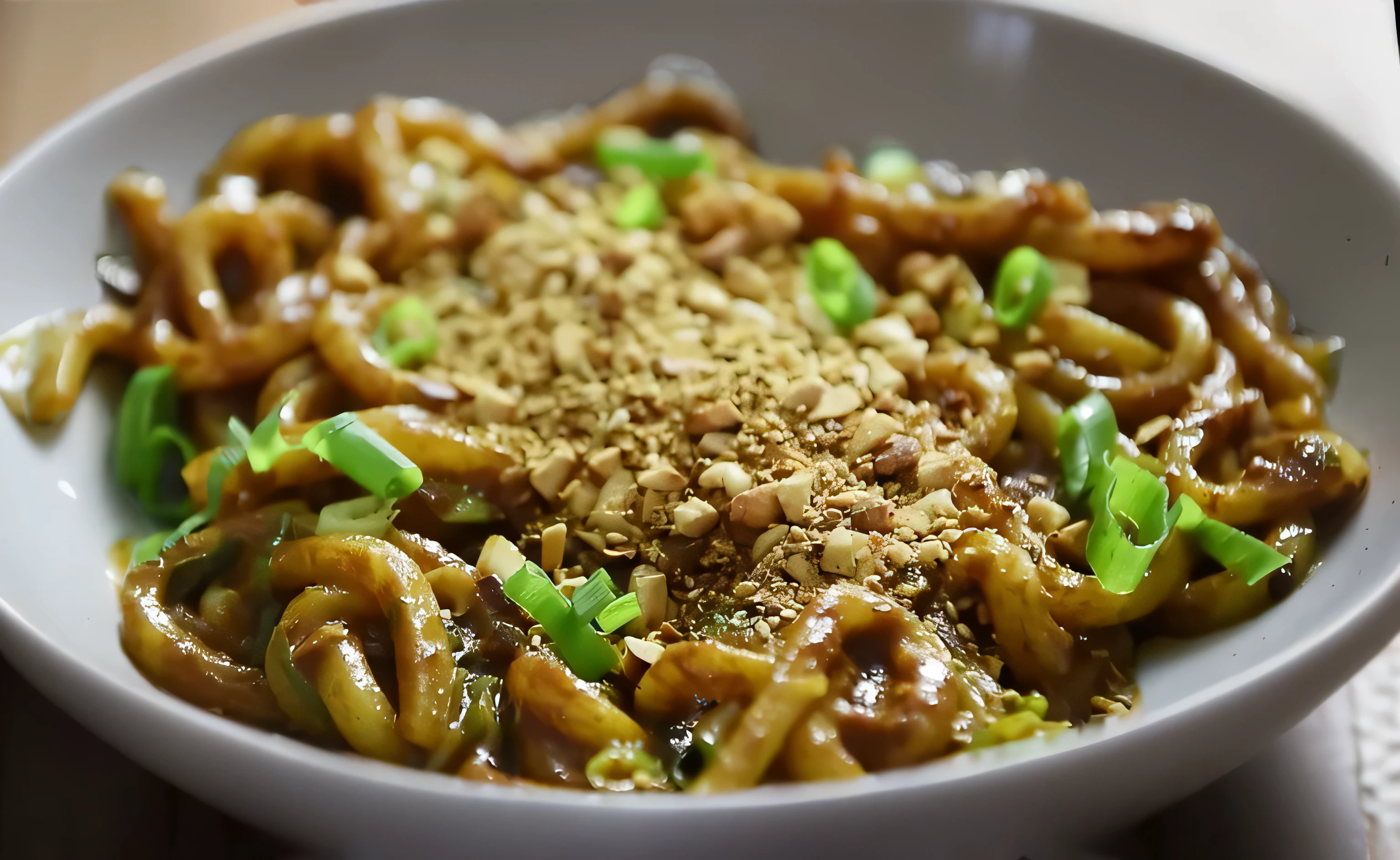 il y a un bol de Nouilles avec de la viande et des oignons verts, ❤🔥🍄🌪, succulente aux graines de sésame, Image détaillée, Nouilles, Plan rapproché moyen, Photo en gros plan, Evan Lee, belle image, Chinois, Plan rapproché moyen, inspiré par Shunbaisai Hokuei, délicieux, Image époustouflante, Bo Chen, par Dan Frazier