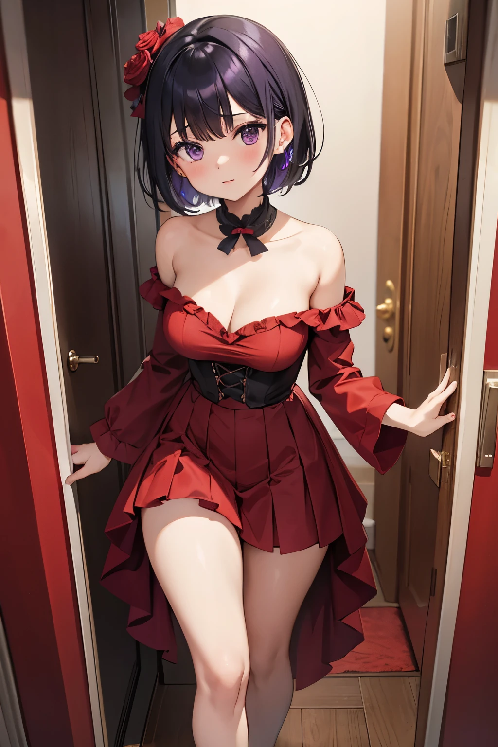 1 girl, short hair, black hair with purple highlights, purple eyes, red dress, a bouquet of roses in her hand, at the door