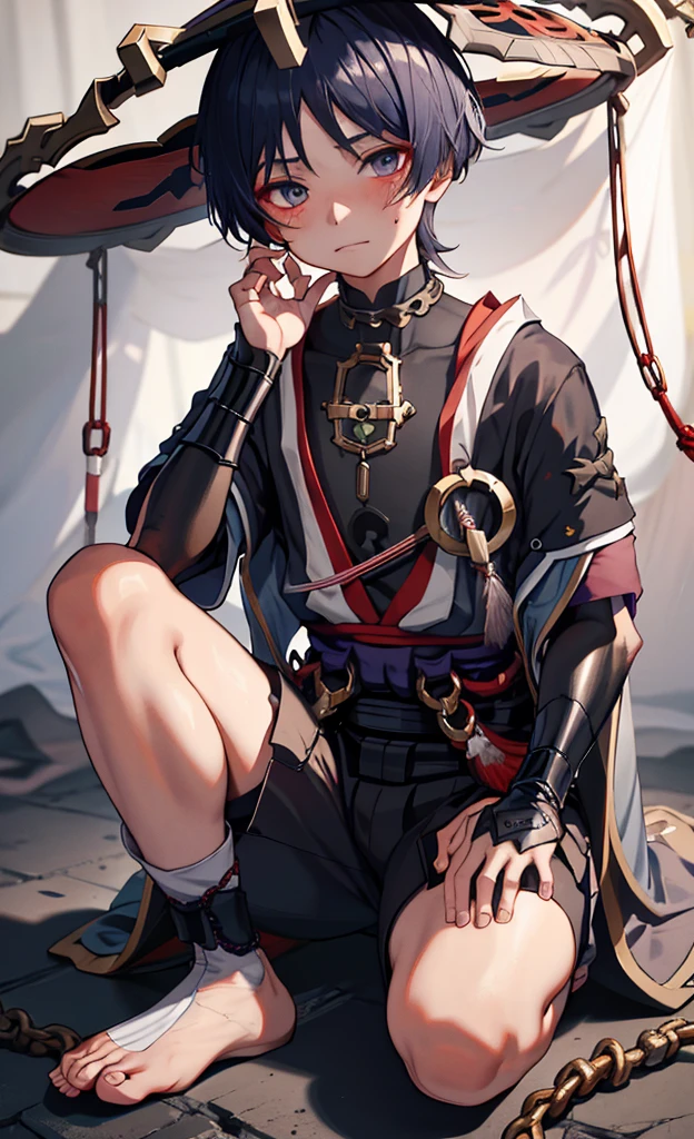 Genshin Wanderer,basement,Hands and feet tied with chains,Wearing a collar around the neck,blush shy,clothes in tatters,There are red marks on the body