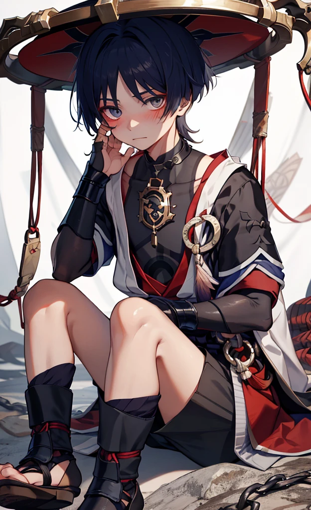 Genshin Wanderer,basement,Hands and feet tied with chains,Wearing a collar around the neck,blush shy,clothes in tatters,There are red marks on the body