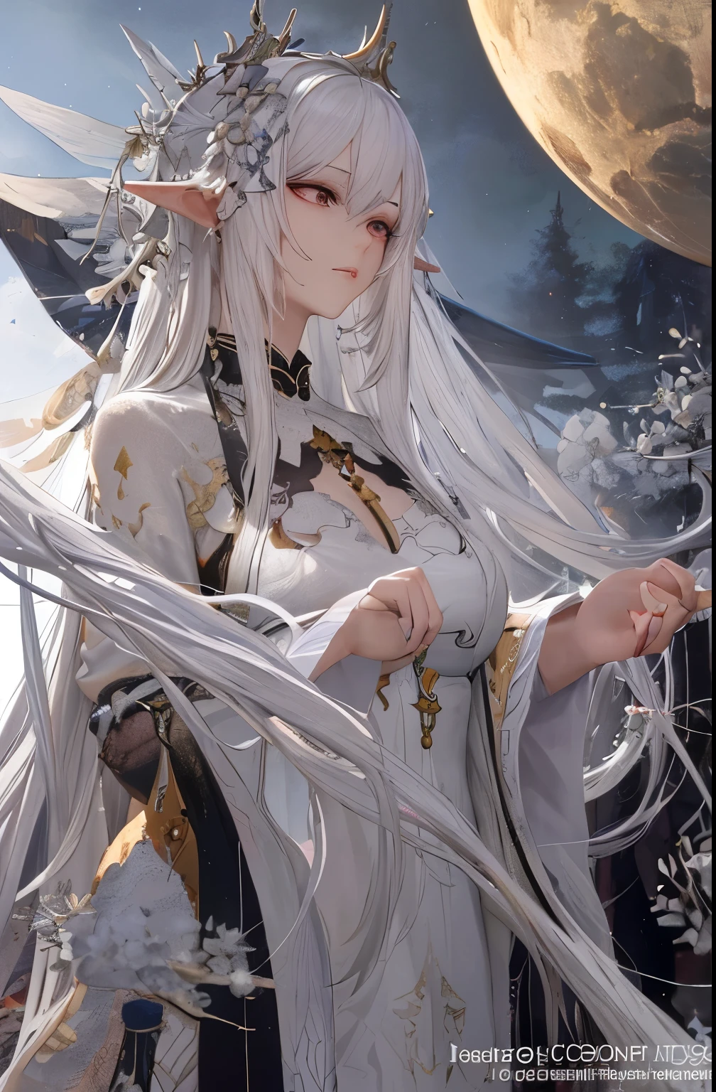 A captivating close-up of a White hair deity, with long, radiant white hair cascading down his back, showcasing the intricate Guweiz style artwork traditions. This White-haired character, reminiscent of an Elf, boasts a stunning and elegant figure painting created by the renowned author Yang Jie. The ethereal beauty of this White-haired Anime character can be admired on Pixiv Artstation, embodying the essence of Guweiz art.
