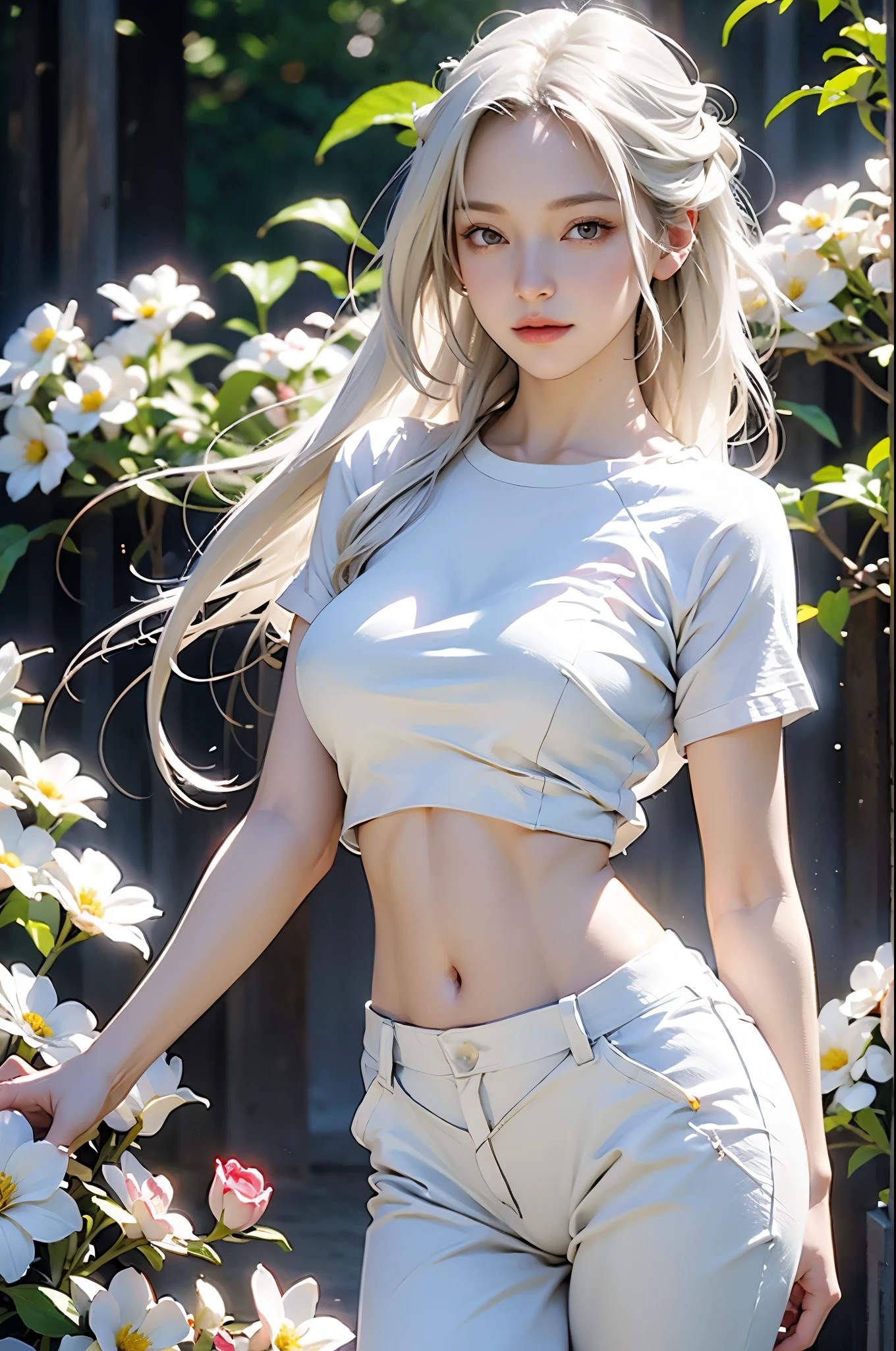 Long white hair anime girl posing in front of flowers, Realistic shadows perfect body, realism art style, Perfect shaded body, Realistic anime 3D style, Tifa Lockhart white hair, hyperRealistic shadows, photorealism art style, 🌺 CG Society, Realistic shadows, The animation is rich in details, anime styled 3d, Wearing a sexy crop top, anime style. 8k，(huge breasts:1.2)