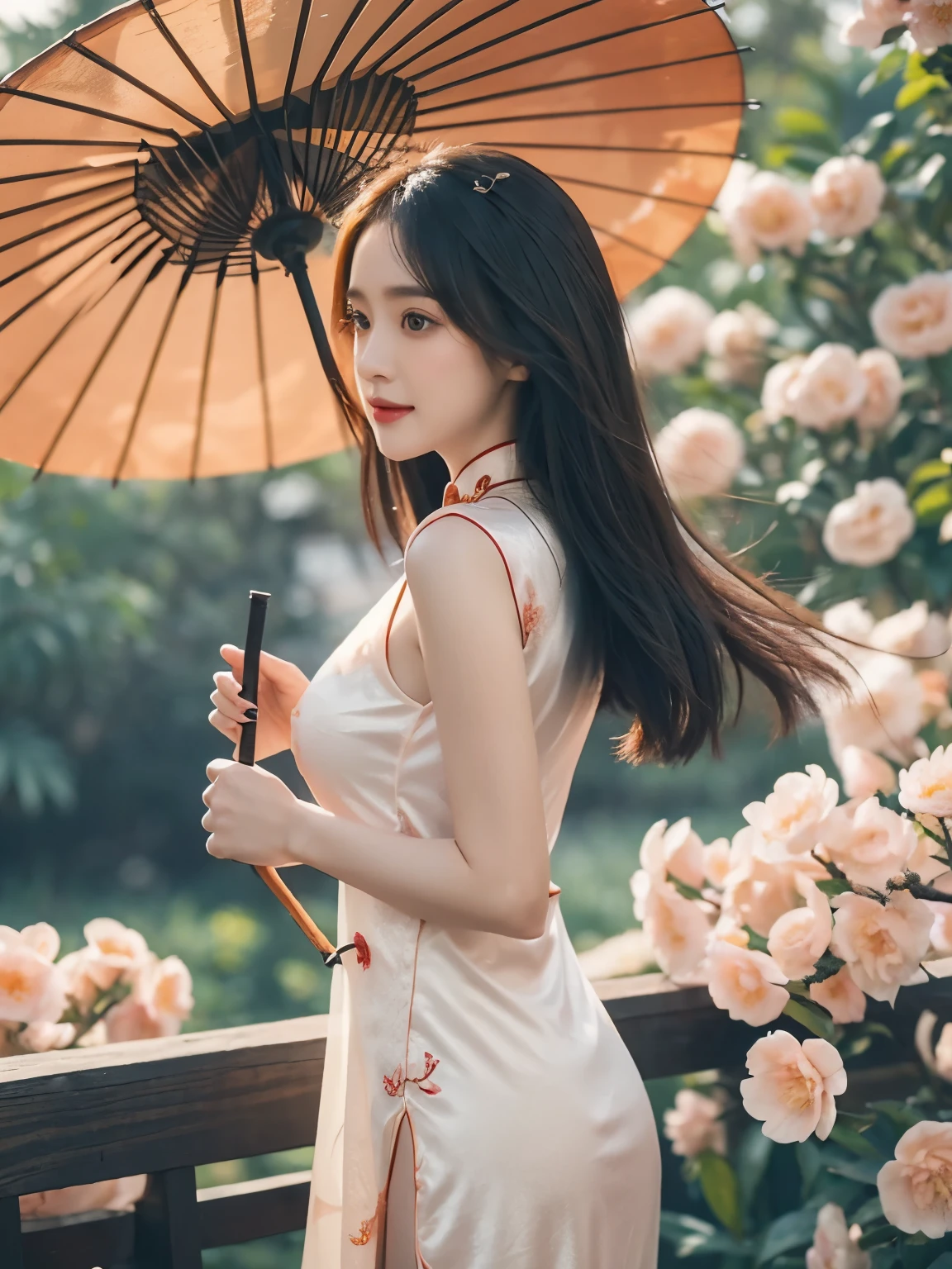 (big breasts), E cup size, tight hips, thin waist. Dilraba Dilmurat, realistic, real person, long hair, 8k, cute, wearing a black ((hollow low-cut cheongsam)), holding a Chinese umbrella, emphasizes expressions, clothing details, body proportions, animal furs, the characters should not be too small, and the facial features should be clear, half-length shot. side view:1.5, ((peach Flowers))