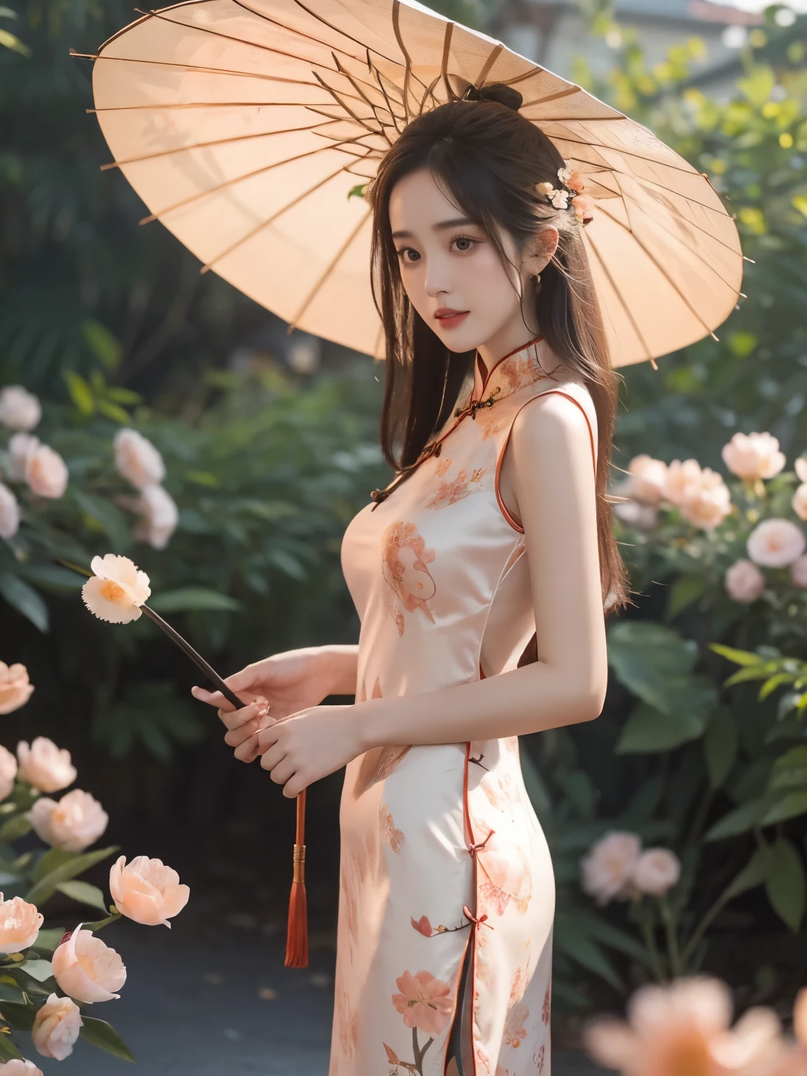 (big breasts), E cup size, tight hips, thin waist. Dilraba Dilmurat, realistic, real person, long hair, 8k, cute, wearing a black ((hollow low-cut cheongsam)), holding a Chinese umbrella, emphasizes expressions, clothing details, body proportions, animal furs, the characters should not be too small, and the facial features should be clear, half-length shot. side view:1.5, ((peach Flowers))