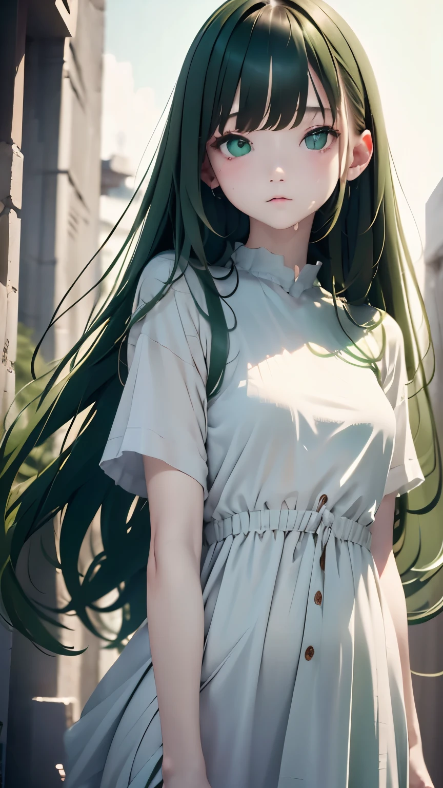 one girl、16talent、Dark green hair、dark green eyes、Hair in the wind、messy hair、pure white background、Dark green clothes、tunic、 film grain、RAW photo、 Ilford HP5, 80mm、highest quality、ultra high resolution、master piece、background blur,Fade out beautifully
