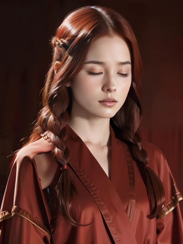 red hair color, long hair, closed eyes, front view, red twin braids, wearing a brown robe, cowboy shot