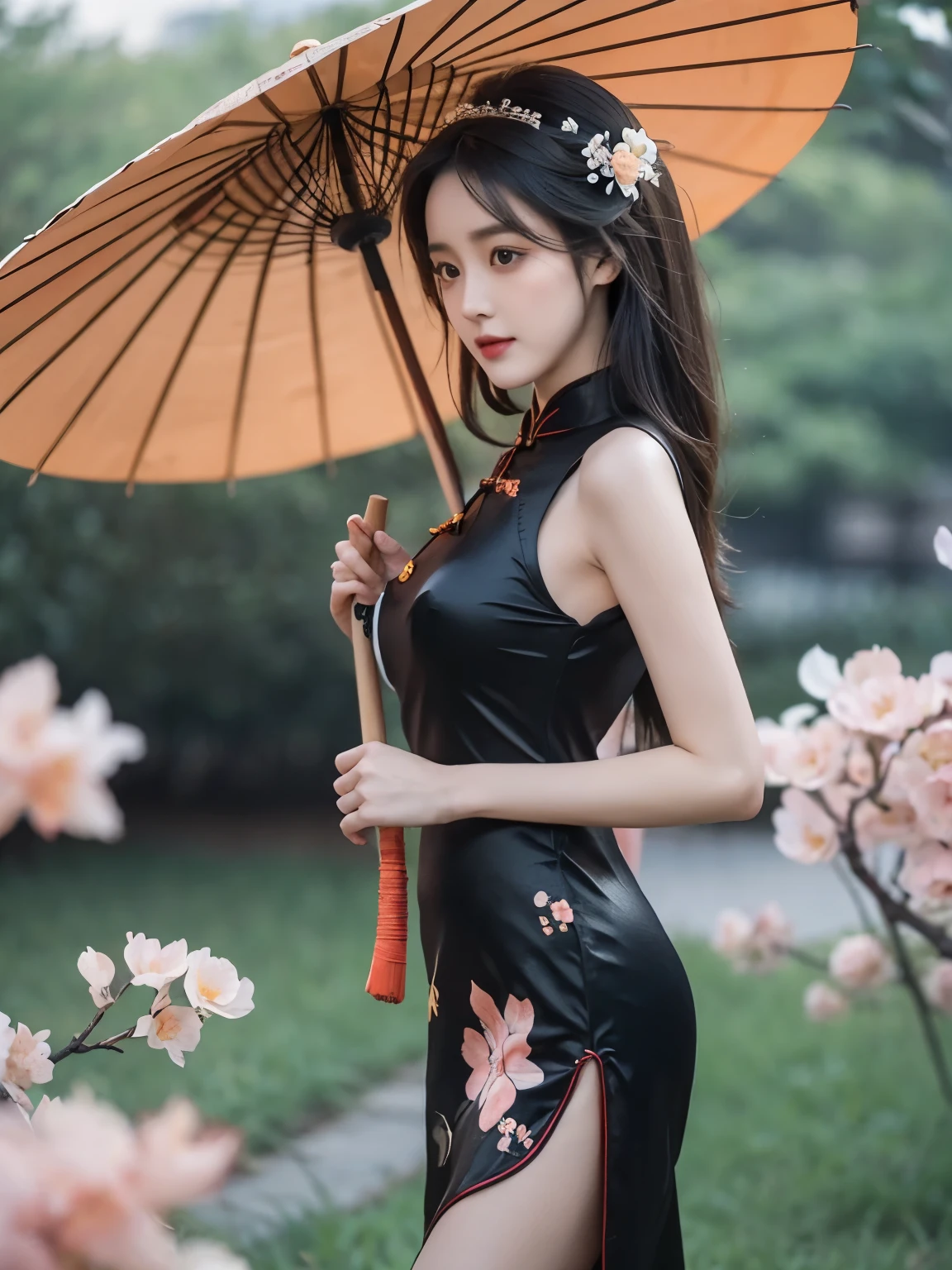 (big breasts), E cup size, tight hips, thin waist. Dilraba Dilmurat, realistic, real person, long hair, 8k, cute, wearing a black ((hollow low-cut cheongsam)), holding a Chinese umbrella, emphasizes expressions, clothing details, body proportions, animal furs, the characters should not be too small, and the facial features should be clear, half-length shot. side view:1.5, ((peach Flowers))