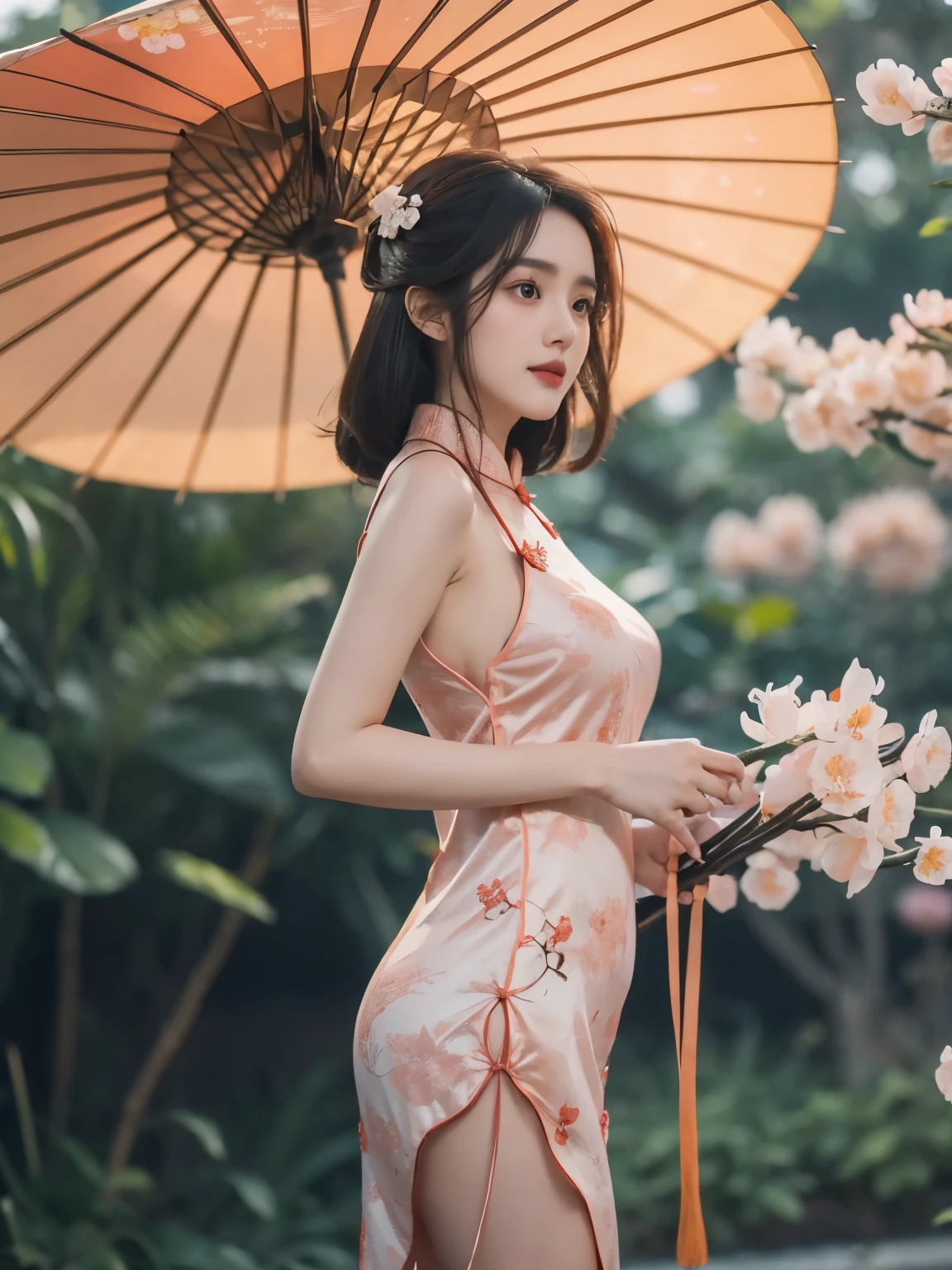 (big breasts), E cup size, tight hips, thin waist. Dilraba Dilmurat, realistic, real person, long hair, 8k, cute, wearing a black ((hollow low-cut cheongsam)), holding a Chinese umbrella, emphasizes expressions, clothing details, body proportions, animal furs, the characters should not be too small, and the facial features should be clear, half-length shot. side view:1.5, ((peach Flowers))