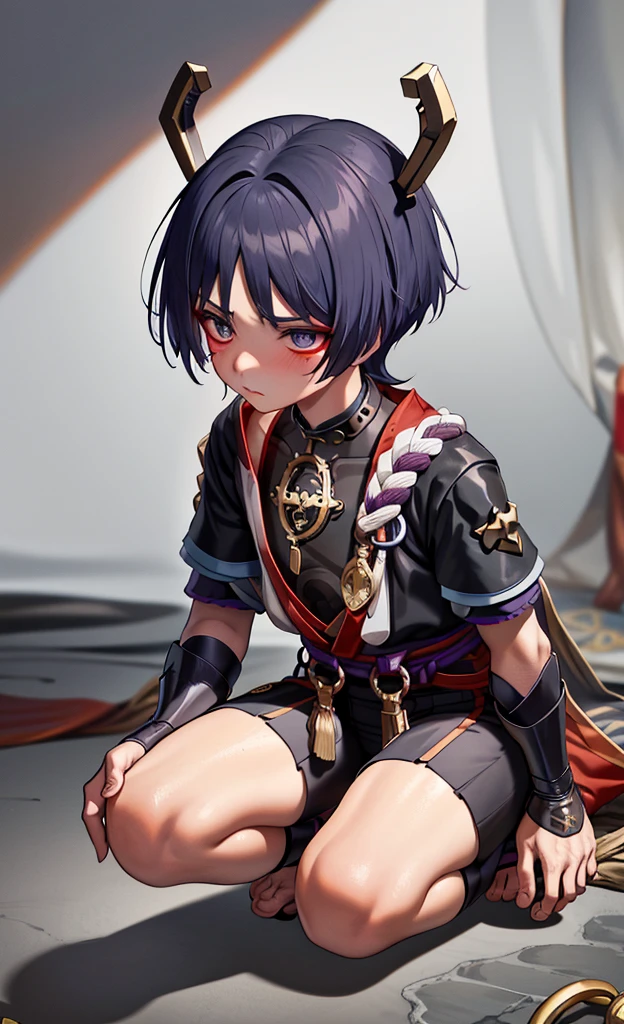 Genshin Wanderer,The basement is dark and damp,Hands and feet tied with chains,Wearing a collar around the neck,blush shy,clothes in tatters,There are red marks on the body
