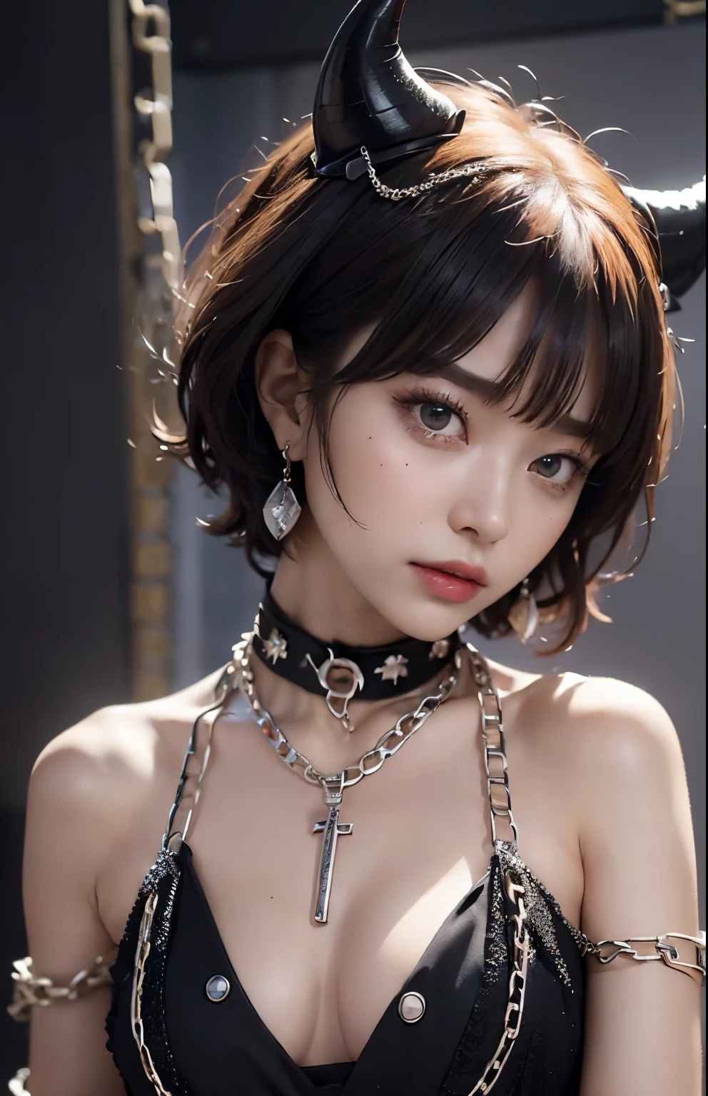((highest quality))、(masterpiece:1.3)、(Highest image quality)、(highest resolution)、sharp、devil princess、(perfect body beauty:1.3)、(black dress:1.3)、(night scene:1.6)、(chain:1.3)、Highly detailed face and skin texture、small face、(short hair:1.5)、(cute woman:1.3)、Big eyes、necklace、bangs、((one woman))、((Obscene dresses))、(handcuffs:1.3)、bracelet、(chain collar:1.3)、ring、(chain accessories:1.4)、restrained、(restrain with chains:1.4)、(fall to the dark side:1.4)、(temptation)、down-slanting eyebrows、tied up、(Fantasy Castle:1.4)、palace、((lure))、(The Devil's Wife:1.4)、bracelet、cleavage、side boob、dark room、(Demonic world:1.3)、((hell))、(princess of hell:1.3)、(devil horn),((red cheeks))、