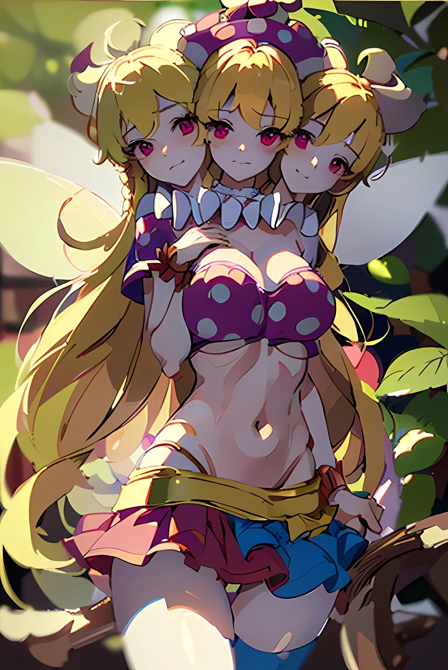 (masterpiece, best quality), best resolution, (ultra-detailed), (3heads:1.5), 1girl, (clownpiece:1.3), masterpiece, best quality, red and blue top, crop top, ((stomach)), midriff, ((groin)), red and blue skirt, normal ears, shackles, blonde hair, very long hair, wavy hair, sidelocks, pink eyes, parted lips, single horn, sweat, cute, toned belly, hand on own chest, eyelashes, (24 year old woman:1.3), (masterpiece:1.5), (best quality:1.5), (beautiful detailed extremely detailed CG, extremely delicate and beautiful, depth of field, (finely detailed face), (perfect details:1.2), (mature female:1.3), wide pelvis, slender, large veiny breast, 8k resolution, very high quality, very high definition, extremely detailed, masterpiece, best quality, blonde hair, long hair, alluring presence, braid, short skirt, close up, big tits, young, purple, polka-dotted jester's hat, fairy wings, torch