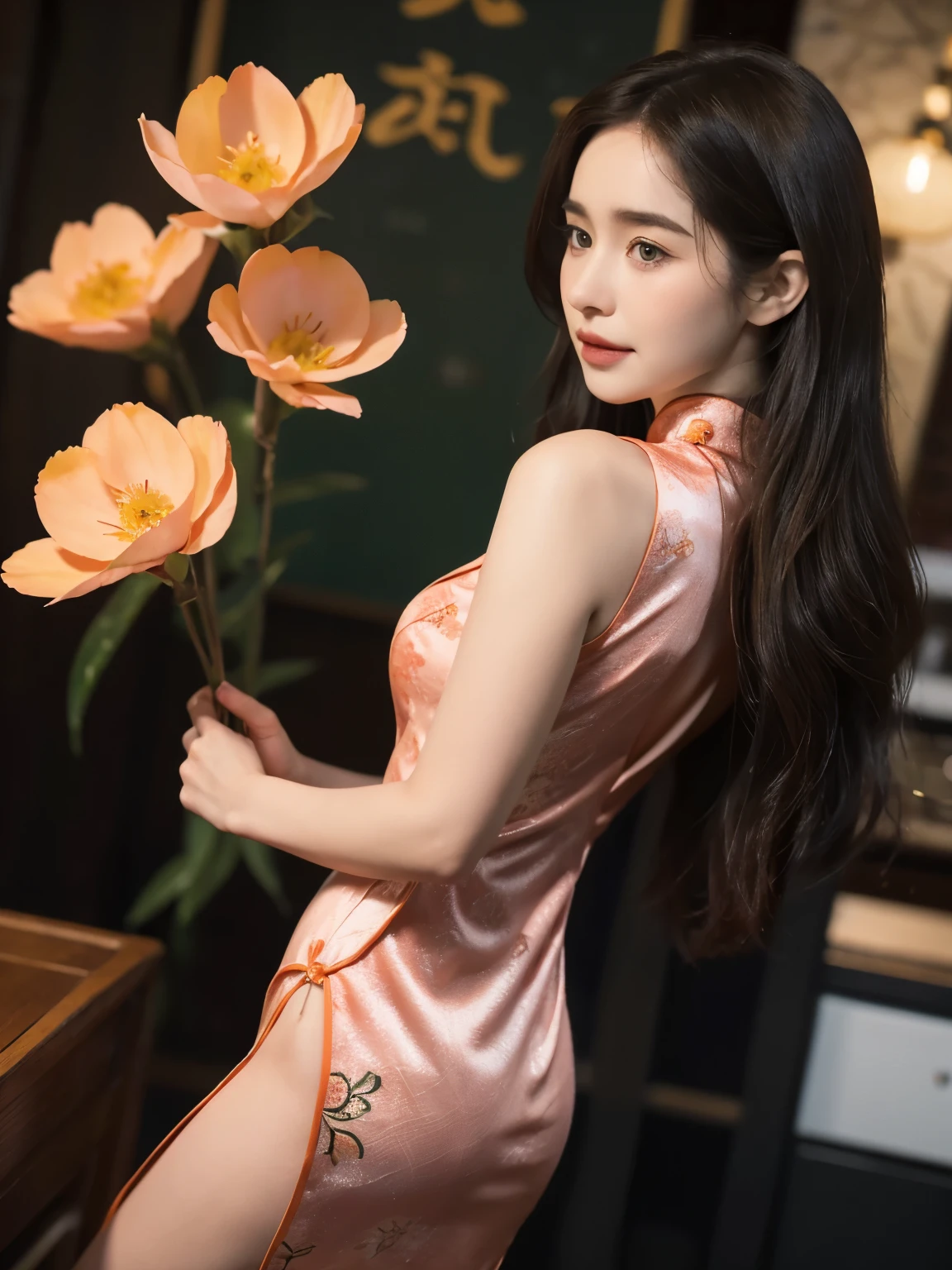 (big breasts), E cup size, tight hips, thin waist. Emilia Clarke, realistic, real person, long hair, 8k, cute, wearing a black ((hollow low-cut cheongsam)), emphasizes expressions, clothing details, body proportions, animal furs, the characters should not be too small, and the facial features should be clear, half-length shot. side view:1.5, ((peach Flowers))