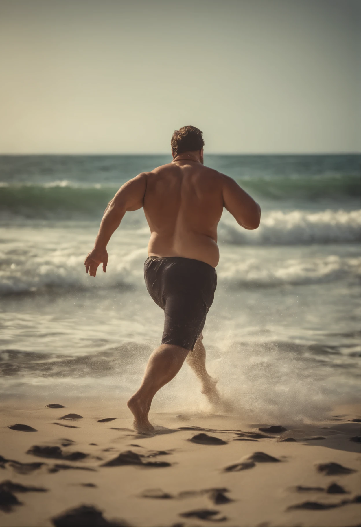 30 year old fat man running to the beach shore frustrated, imagen futurista