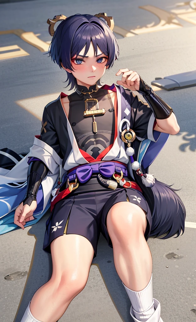 Genshin Wanderer,lie on the ground,There is a collar around my neck and I am holding it,look up,blush shy,The clothes are terrible