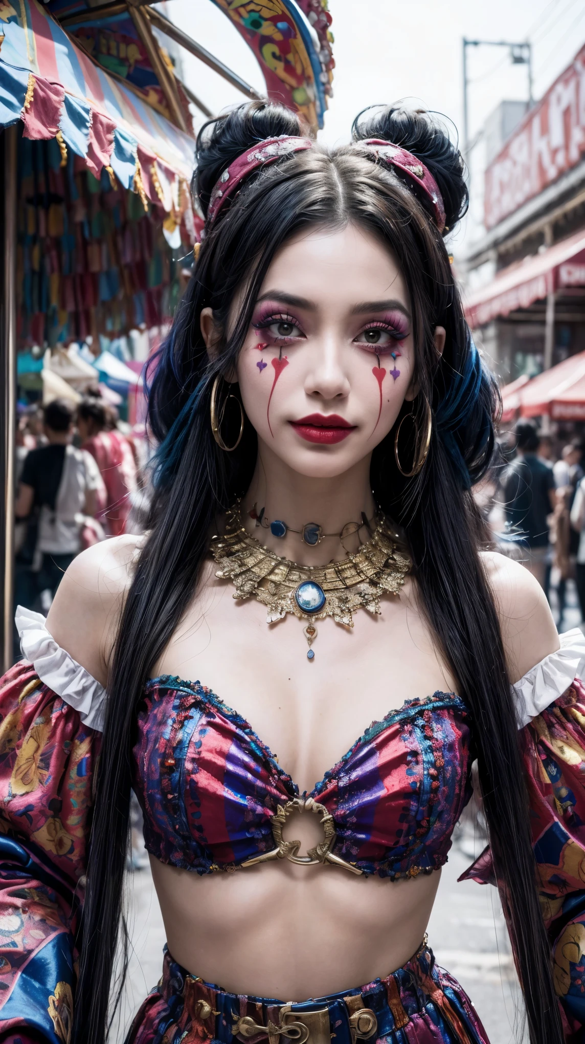 1GIRL, pretty girl, jester girl, pretty face, sassy theme style, villain, fantasy, fine details, (best quality), (intricate details), crazy style, chic style, colorful, circus rides background, put it in the scary clown carnival, ((long healthy black hair, jester hairstyles)), best quality, ((outfits inspired by jester, giving a stunning impression to a jester woman)), (gorgeous style)), beautiful face, cute, cute face, pinup, perfect face, scary clown carnival background portrait(masterpiece : 1.2, best quality), (original image, intricate details), (1 woman, solo, upper body, chest) Clothing: sharp, stylish, cool, fashionable, non-standard, avant-garde, experimental Appearance: popular women's hair or crazy colors, natural makeup, unusual fashion choices, idol stars Behavior: cool, non-conformist, stylish Place: scary and crazy clown carnival, World Underground Music Hobbies: wants to manipulate the world, creates art in mixed media, experiments with subcultures Different values: individuality, authenticity, creative expression Sources of inspiration: beautiful and cute, counterculture icons, avant-garde art movements Character traits: bold, online, non-standard. Top image, middle image, front view