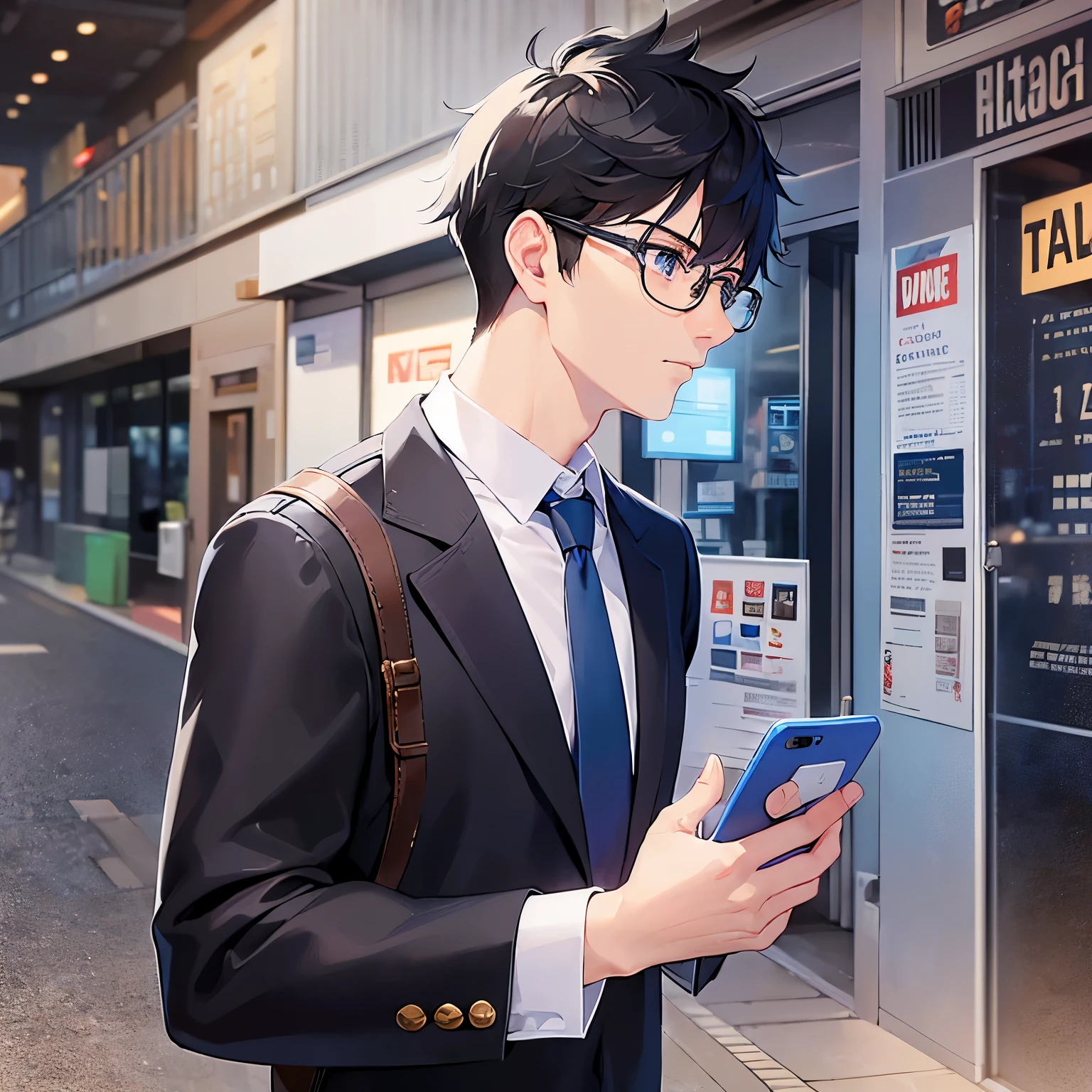 holding a phone, (looking away:1.5), side angle, (plastic frame eyewear:1.1), (cinematic angle:1.5), masterpiece、high quality、(25 year old man with short black hair and blue eyes:1.5), hair over eyes, wearing a suit、(Alone:1.5)、determined, (Only the upper body is shown.:1.3)、Background outside、bold composition、