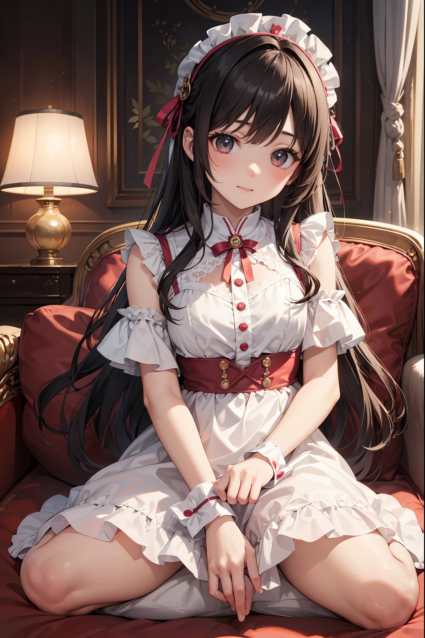 In a stylish room、(Girl's costume like a bisque doll:1.1)An adorable girl is sitting wearing。 A charming ensemble、ruffled collar and cuffs、and his youth々Featuring delicate lace details that accentuate its innocent look.。her hair is perfectly styled、It is characterized by a clean center parting and soft waves that frame the face.。She exudes sophistication and poise、look forward as if lost in thought。The room around her is filled with ornate decorations.、Plush cushions and plush curtains add to the overall elegance。The atmosphere is one of sophistication and sophistication、Perfect for a girl's sophisticated look。Despite its small stature,、There's a quiet confidence in the air、It's like I'm aware of my own charm、It's like you know how to use it to your advantage.。( cute girl:1.2)、solo、(soloフォーカス:1.3)、Wariza、Close-up