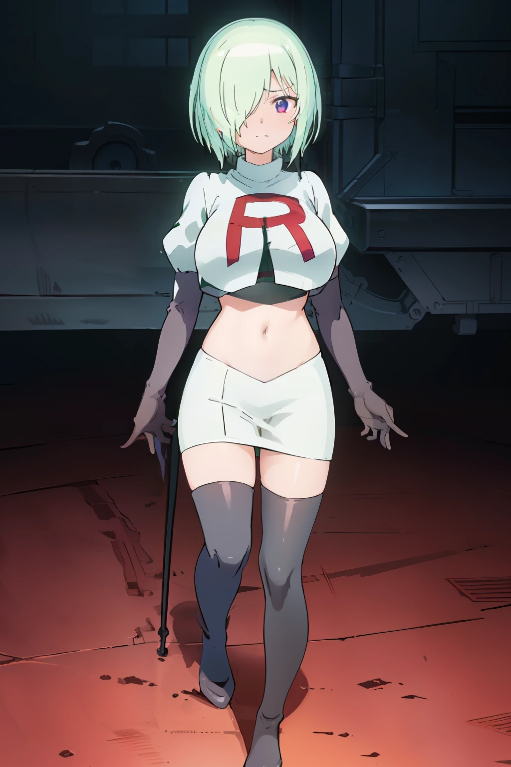 (extremely detailed CG unity 8k wallpaper), (masterpiece), (best quality), (ultra-detailed), (best illustration), (best shadow), (absurdres), druj, 1girl, green hair, hair over one eye, team rocket,team rocket uniform,white skirt,red letter R,crop top,black thigh-highs,black elbow gloves