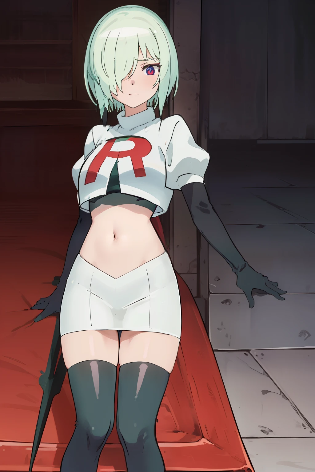 (extremely detailed CG unity 8k wallpaper), (masterpiece), (best quality), (ultra-detailed), (best illustration), (best shadow), (absurdres), druj, 1girl, green hair, hair over one eye, team rocket,team rocket uniform,white skirt,red letter R,crop top,black thigh-highs,black elbow gloves