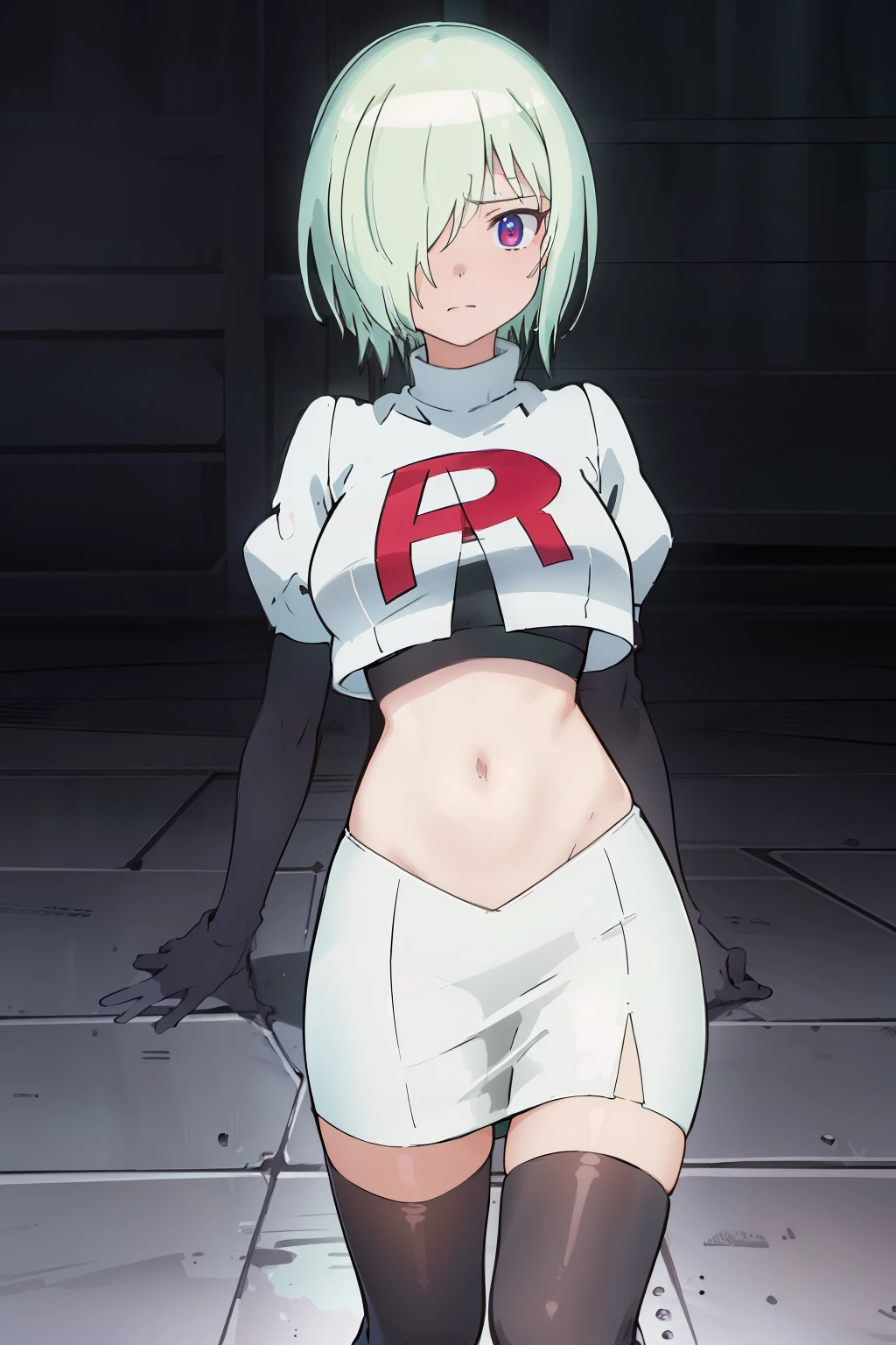 (extremely detailed CG unity 8k wallpaper), (masterpiece), (best quality), (ultra-detailed), (best illustration), (best shadow), (absurdres), druj, 1girl, green hair, hair over one eye, team rocket,team rocket uniform,white skirt,red letter R,crop top,black thigh-highs,black elbow gloves