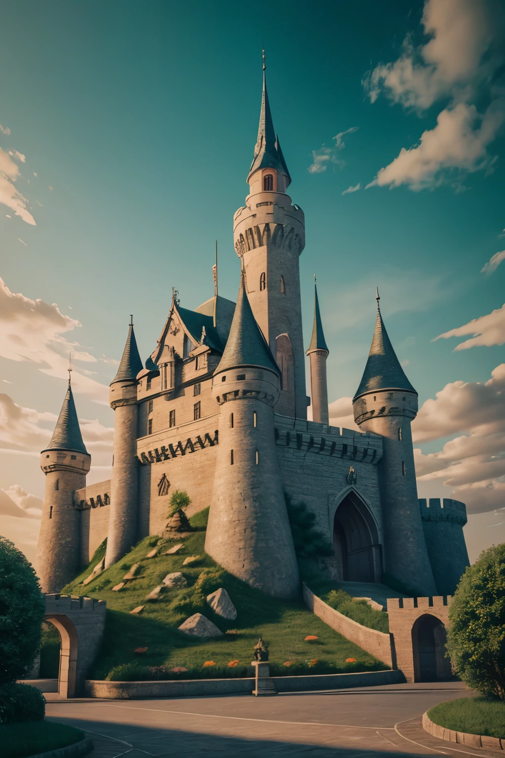 Small castle with a whimsical, cartoon design style, nestled amongst vibrant, pastel-hued clouds. The castle's walls and towers are intricately detailed, each brick textured and defined, while the smooth lines give way to an illusion of movement and playfulness. Soft, warm lighting bathes the scene, casting gentle shadows and adding depth to the pop mart backdrop. A tilt shift lens effect accentuates the dreamlike atmosphere, with the guard around the castle standing rigid and hyper-realistic against the surreal landscape. The science fiction illustration exudes a sense of intrigue and wonder, with intricate gears and machinery visible in the background. Detailed, warm colors and sh