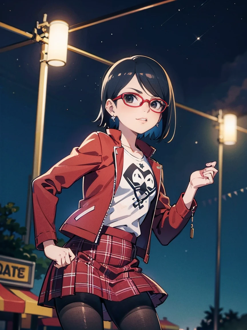 Sarada Uchiha with short hair, black eyes, wearing red glasses, she is wearing earrings and strings. She is dressed like a punk rocker. ( She is wearing a white t-shirt with a rock band print, a plaid skirt and a leather jacket with tattoos, pantyhose ), ( and is riding in a brightly lit amusement park on a starry night ), ((( parading, standing )))