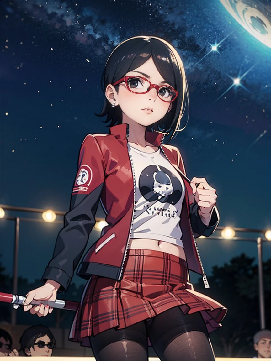 Sarada Uchiha with short hair, black eyes, wearing red glasses, she is wearing earrings and strings. She is dressed like a punk rocker. ( She is wearing a white t-shirt with a rock band print, a plaid skirt and a leather jacket with tattoos, pantyhose ), ( and is riding in a brightly lit amusement park on a starry night ), ((( parading, standing )))