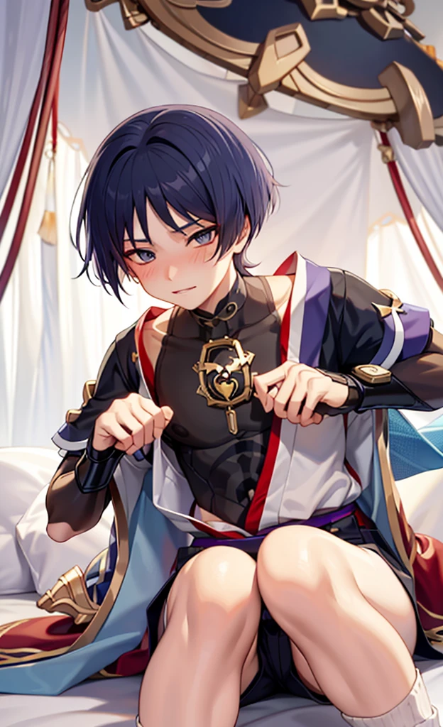 Genshin Wanderer,Wearing cute and sexy pajamas,Blushing and lying on the bed shyly,Lift up his clothes with his hands to reveal his upper body,The legs are all very white in the photo,in bedroom,The bed is white,Close the curtains at night