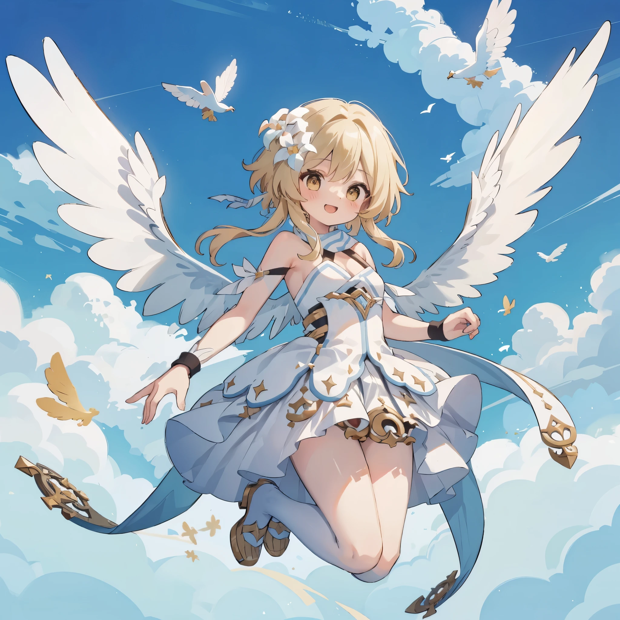 anime style, young female with a big white wing, an angel, flying 