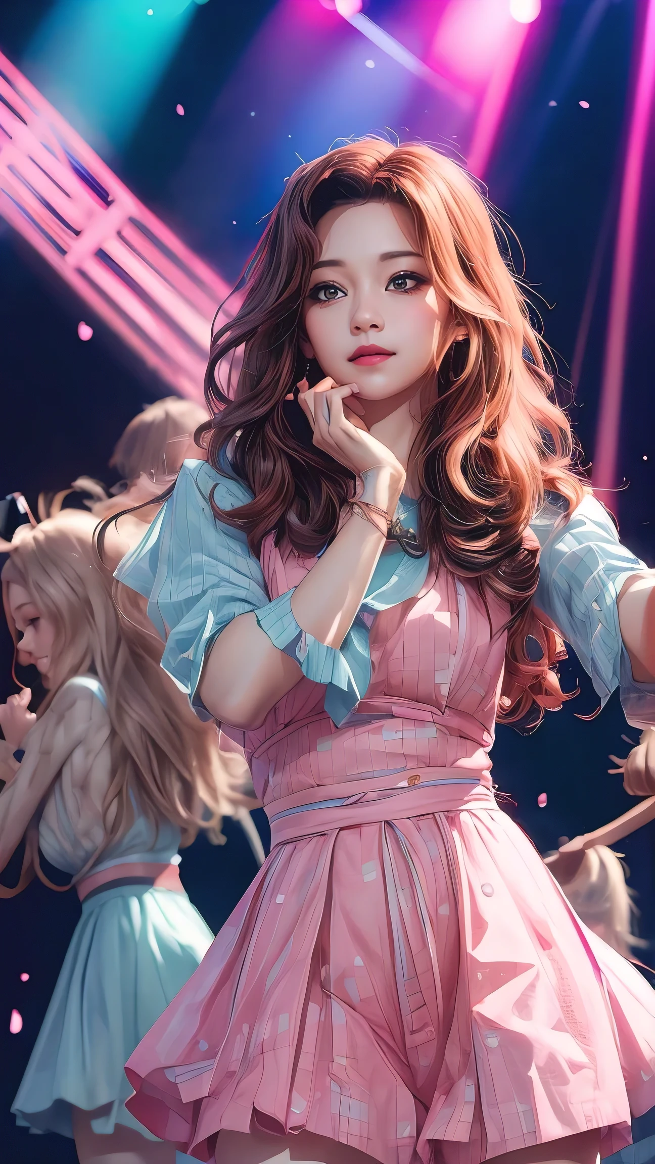 (best quality, masterpiece, photorealistic:1.3), kpop, wavy hair, music stage show, standing pose, stage lighting