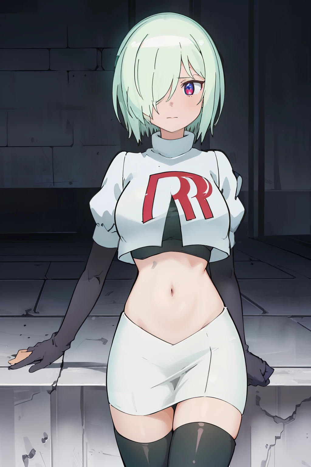 (extremely detailed CG unity 8k wallpaper), (masterpiece), (best quality), (ultra-detailed), (best illustration), (best shadow), (absurdres), druj, 1girl, green hair, hair over one eye, team rocket,team rocket uniform,white skirt,red letter R,crop top,black thigh-highs,black elbow gloves