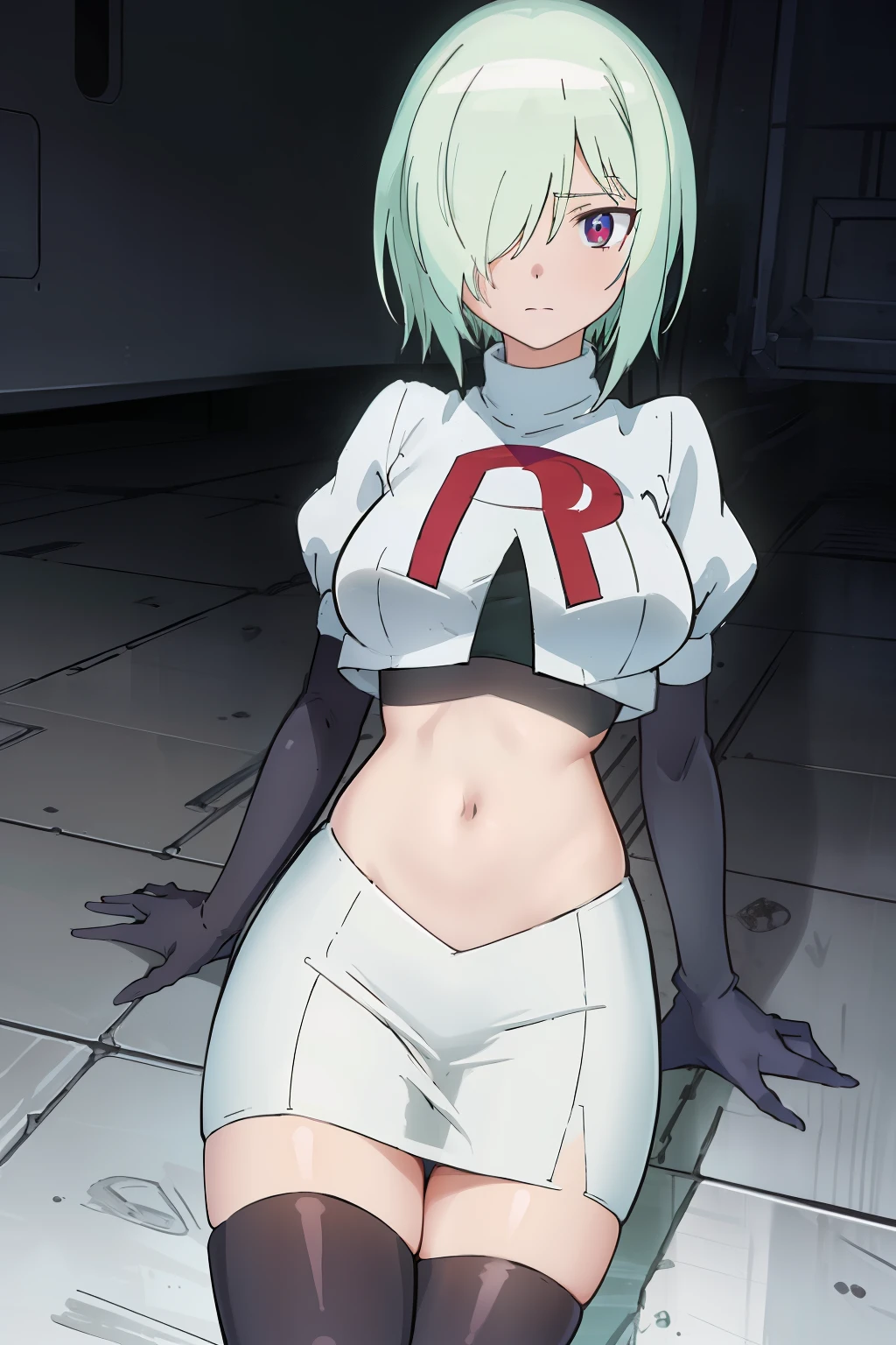 (extremely detailed CG unity 8k wallpaper), (masterpiece), (best quality), (ultra-detailed), (best illustration), (best shadow), (absurdres), druj, 1girl, green hair, hair over one eye, team rocket,team rocket uniform,white skirt,red letter R,crop top,black thigh-highs,black elbow gloves