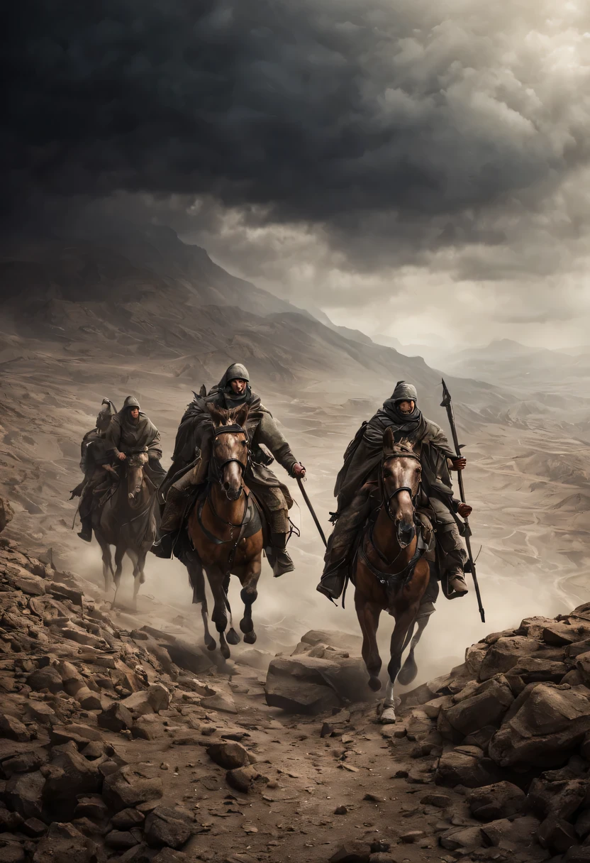 Crusaders traversing scorching deserts, climbing treacherous mountains, facing harsh weather conditions. photo realism, cinematography, hyper realistic 