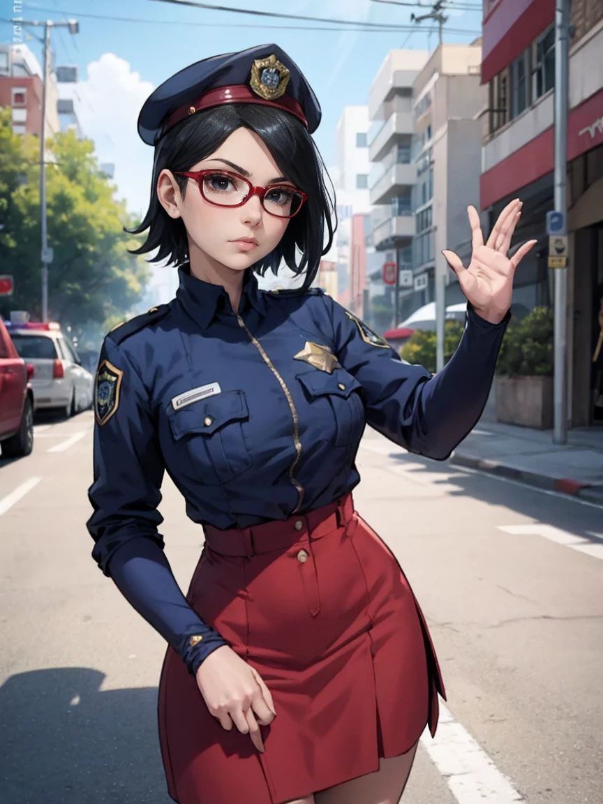 moltal kombat 11: aftermath. Illustration in the style of comic book artist Jim Lee. Sarada Uchiha with short hair, black eyes and glasses. She is wearing police clothes, a navy blue button-down shirt, a skirt and a cap. She is standing at a busy intersection holding handcuffs and looking like an expression. Intricate details, rich colors and a sense of grandeur. Perspective. gloves