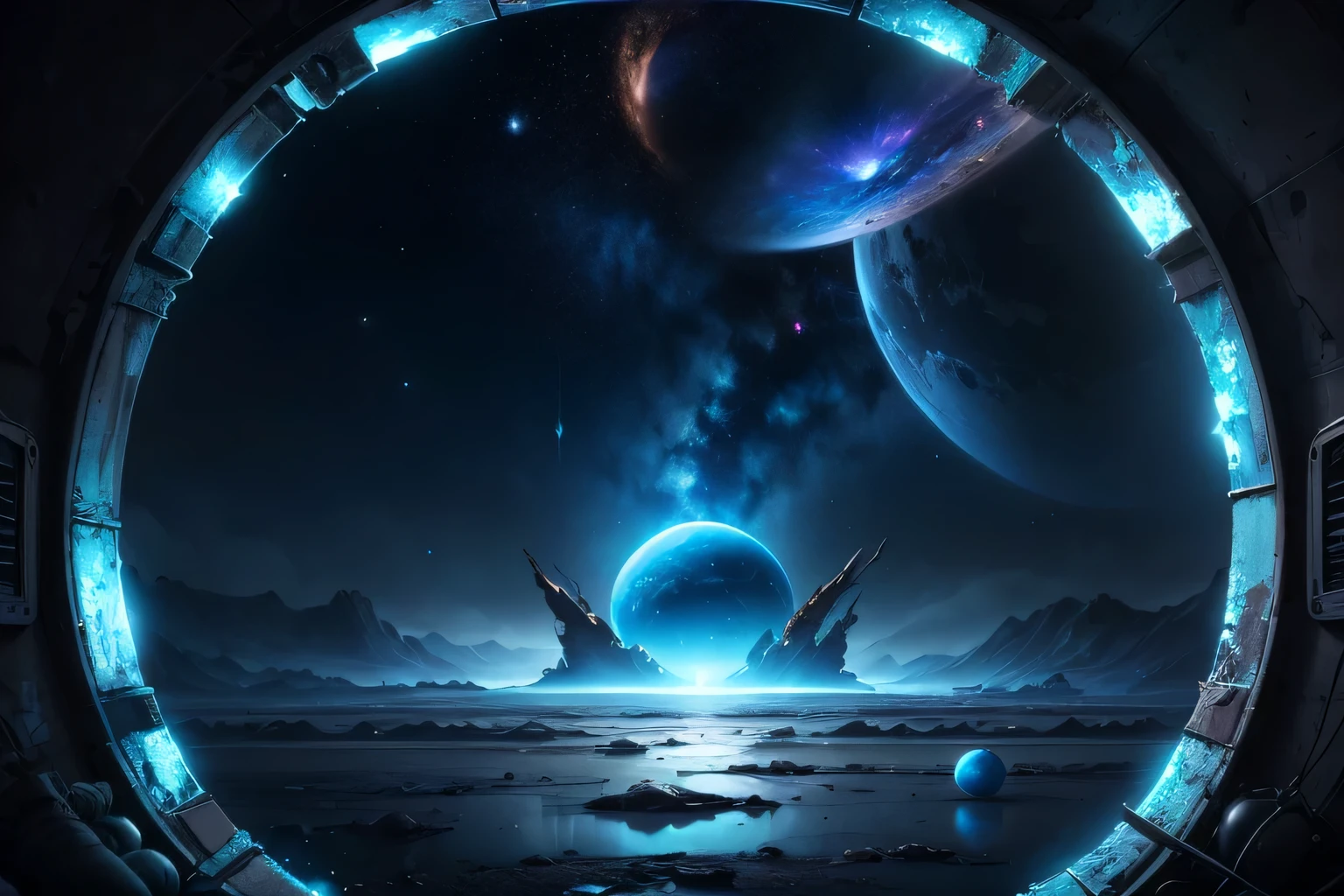 masterpiece, best quality, abandoned extraterrestrial portal, dark blue planet, 4k, UHD, intricate details, 