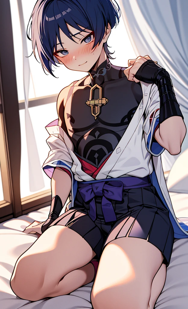 Genshin Wanderer,Wearing cute and sexy pajamas,Blushing and lying on the bed shyly,Lift up the clothes with your hands to expose the flesh between his belly,The legs are all very white in the photo,in bedroom,The bed is white,Close the curtains at night
