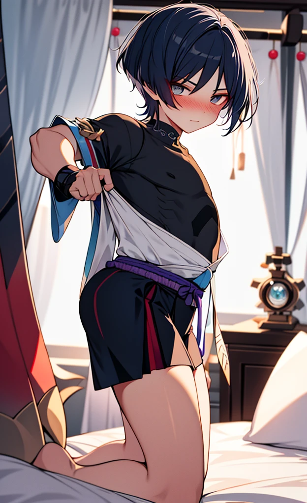 Genshin Wanderer,Wearing cute and sexy pajamas,Blushing and lying on the bed shyly,Lift up the clothes with your hands to expose the flesh between his belly,The legs are all very white in the photo,in bedroom,The bed is white,Close the curtains at night