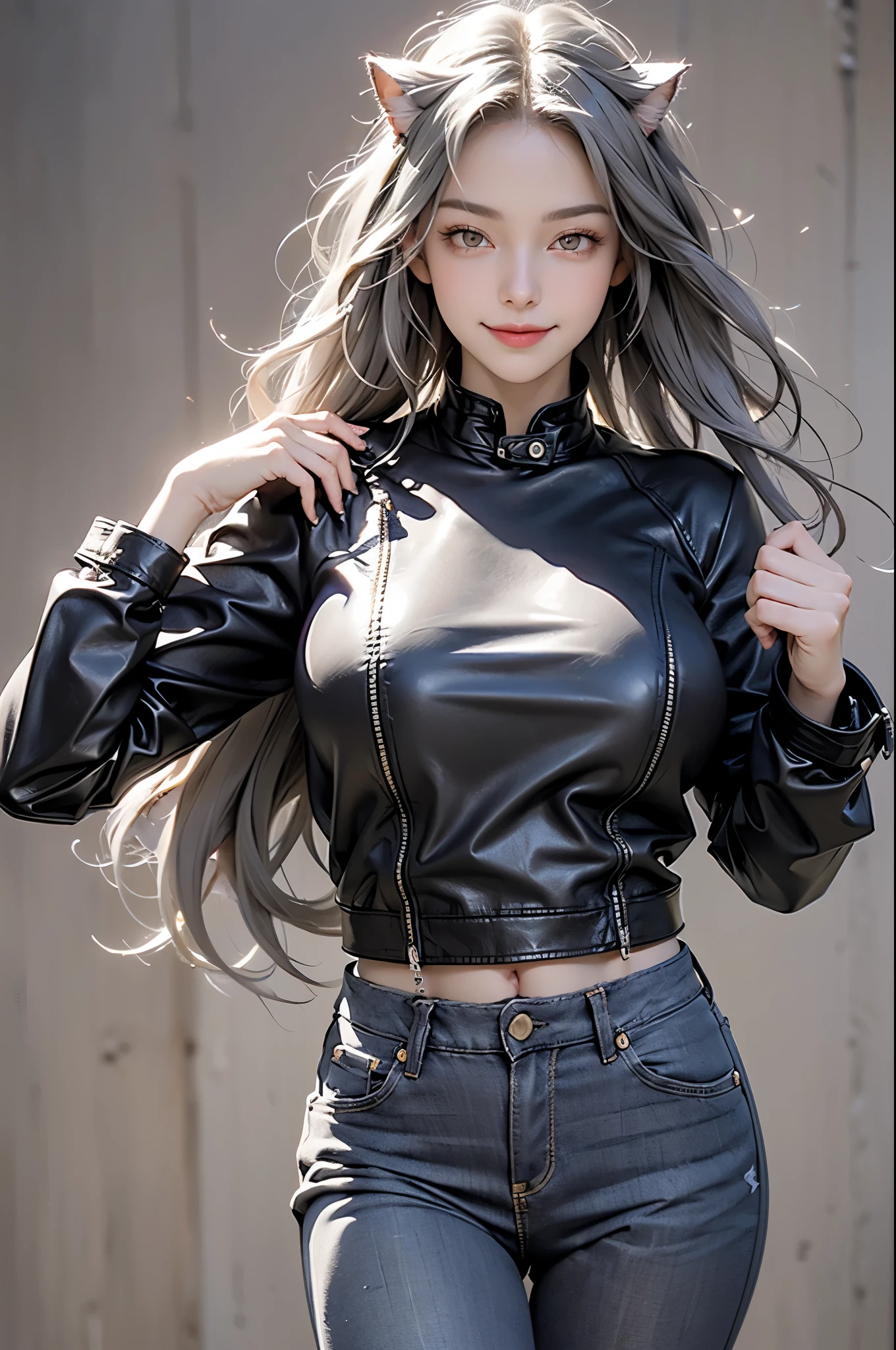 adult girl, long gray hair, amber eyes, cat ears, Smile, black leather jacket, jeans, masterpiece, high quality,(huge breasts:1.2)