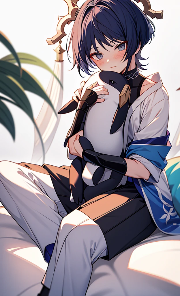 Genshin Wanderer,sitting on a white bed,Wearing cute animal pajamas,Holding a big animal stuffed animal,blush shy,legs together,Pants protrude between legs