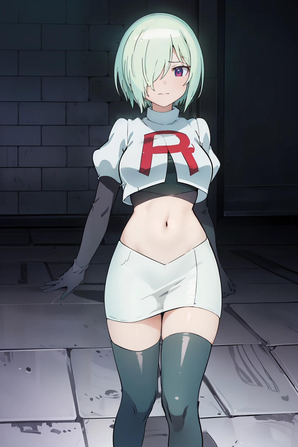 (extremely detailed CG unity 8k wallpaper), (masterpiece), (best quality), (ultra-detailed), (best illustration), (best shadow), (absurdres), druj, 1girl, green hair, hair over one eye, team rocket,team rocket uniform,white skirt,red letter R,crop top,black thigh-highs,black elbow gloves