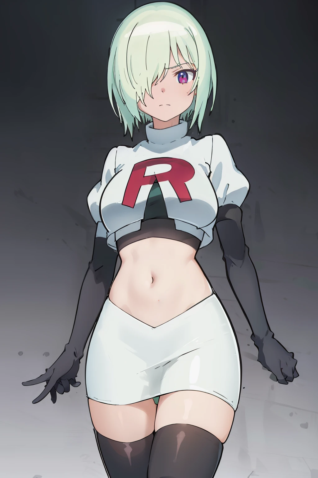 (extremely detailed CG unity 8k wallpaper), (masterpiece), (best quality), (ultra-detailed), (best illustration), (best shadow), (absurdres), druj, 1girl, green hair, hair over one eye, team rocket,team rocket uniform,white skirt,red letter R,crop top,black thigh-highs,black elbow gloves